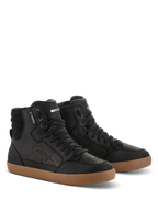 Alpinestars J-6 Waterproof Shoe, Black and Gum, High-top motorcycle riding shoes in premium leather, sneaker-style design with tan gum rubber sole, waterproof tag and embossed logo, urban casual look