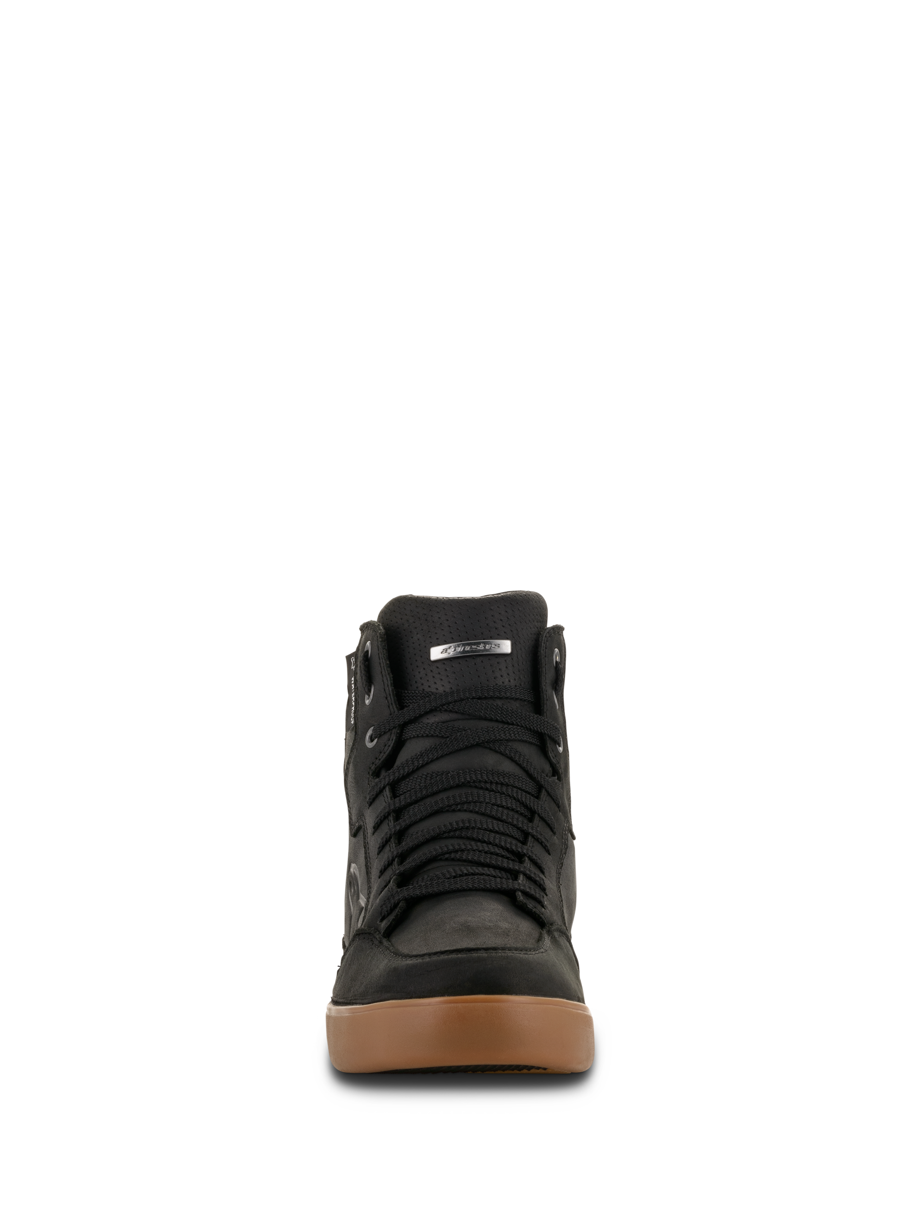Alpinestars J-6 Waterproof Shoe, Motorcycle Riding Shoe, Black Gum, Front view showing black laces and brown rubber sole, sneaker-style design for urban road riding