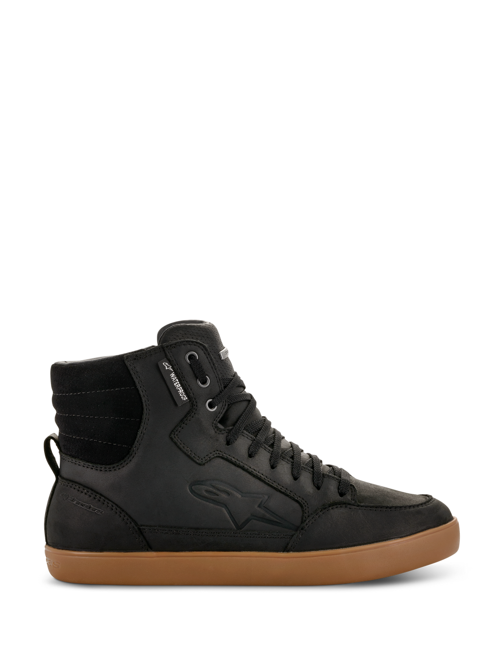 Alpinestars J-6 Waterproof Shoe, Black high-top motorcycle sneaker with brown gum sole, waterproof urban riding footwear, features padded ankle collar, black laces, subtle logo embossing, and leather construction