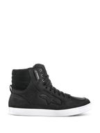 Alpinestars J-6 Waterproof Shoe, Black urban riding sneaker, high-top leather motorcycle footwear with a white flat sole, padded quilted ankle, metal eyelets, waterproof tag, embossed side logo, street-inspired design for daily use
