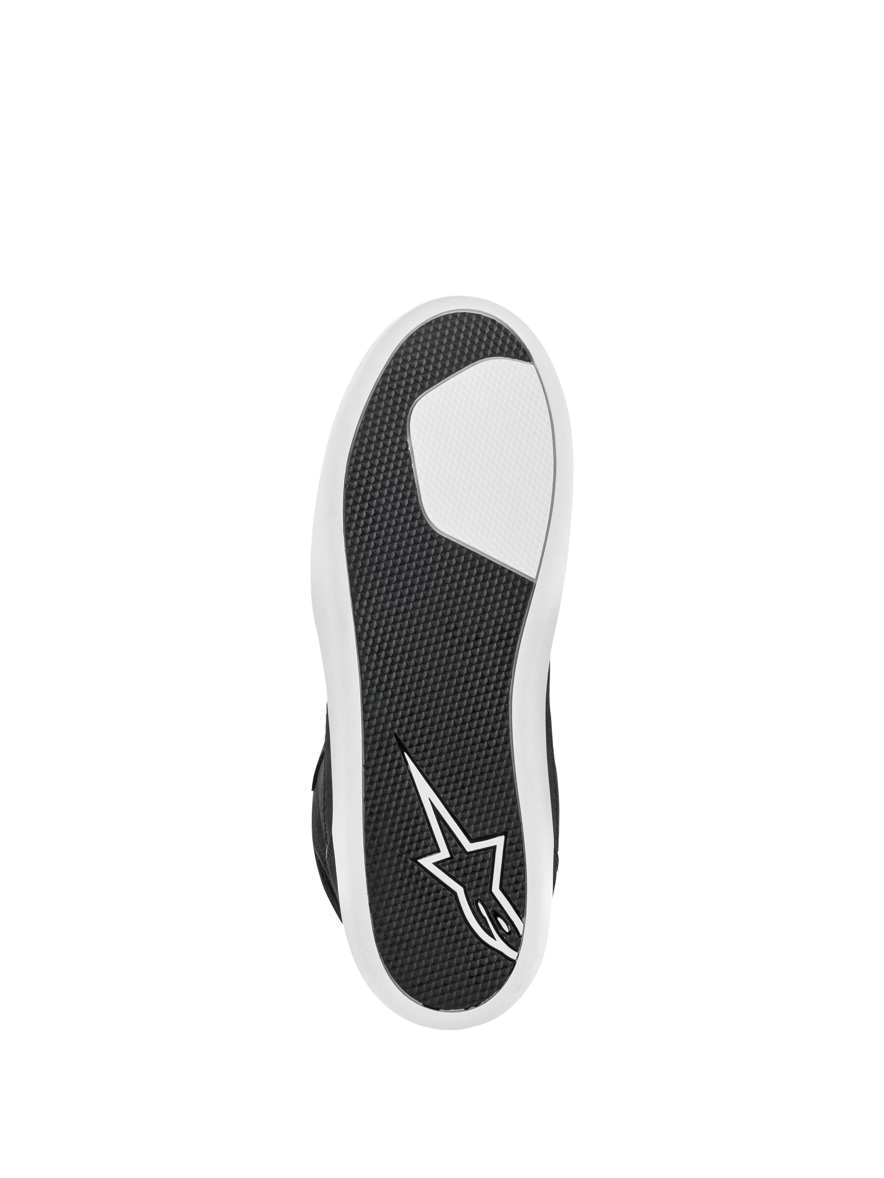 Alpinestars J-6 Waterproof Shoe, Black and White, bottom view showing the advanced rubber sole, textured grip pattern for durability, white star logo on the heel, urban motorcycle riding footwear