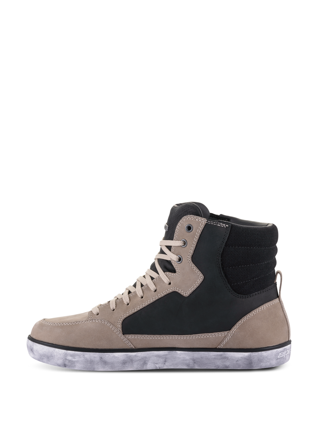 Alpinestars J-6 Waterproof Shoe, sapato para motociclismo, Black Flint White, estilo sapatilha de cano alto com painéis em pele cinzento flint e preto, atacadores creme e sola de borracha branca marmoreada, design urbano casual para motociclismo