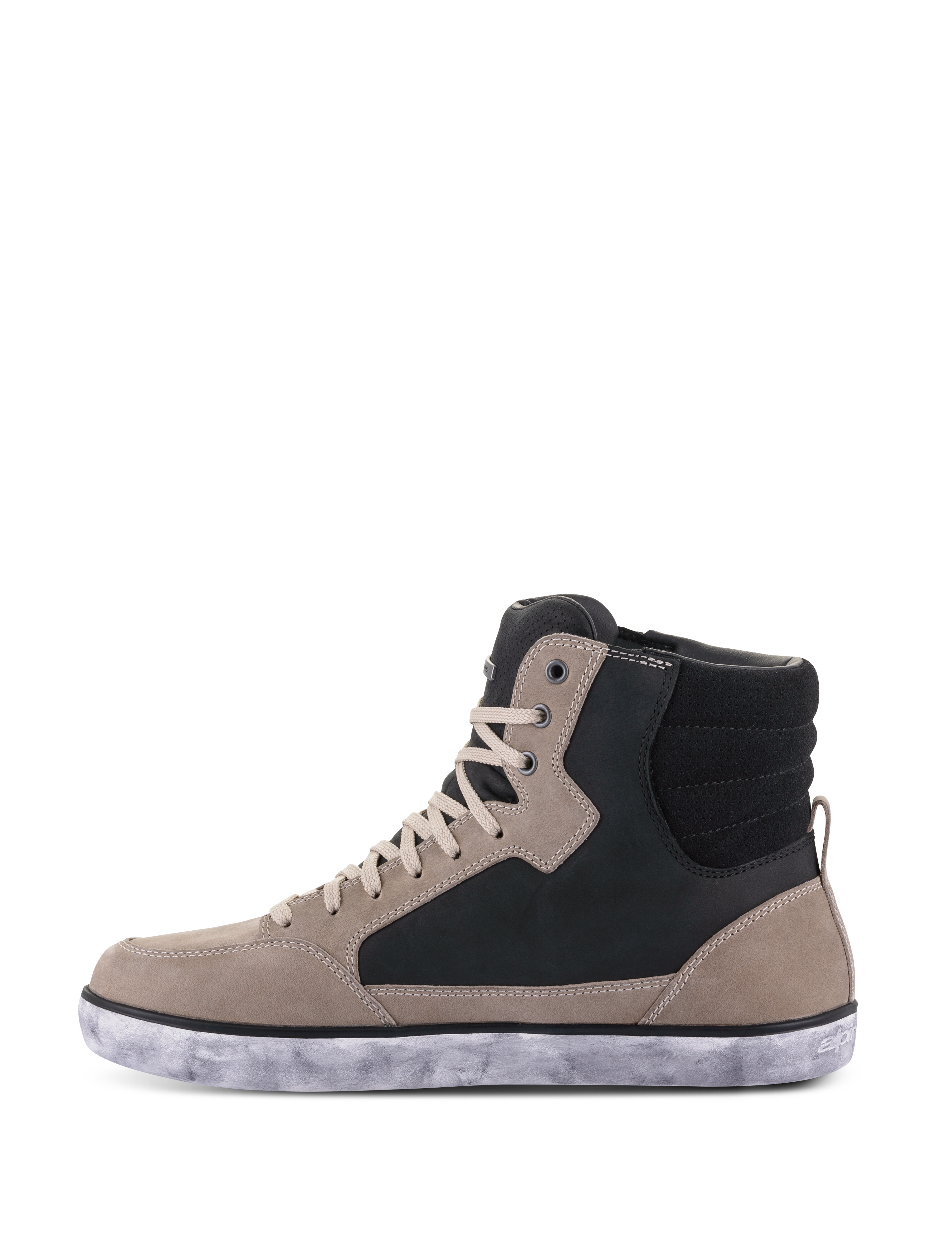 Alpinestars J-6 Waterproof Shoe, sapato para motociclismo, Black Flint White, estilo sapatilha de cano alto com painéis em pele cinzento flint e preto, atacadores creme e sola de borracha branca marmoreada, design urbano casual para motociclismo