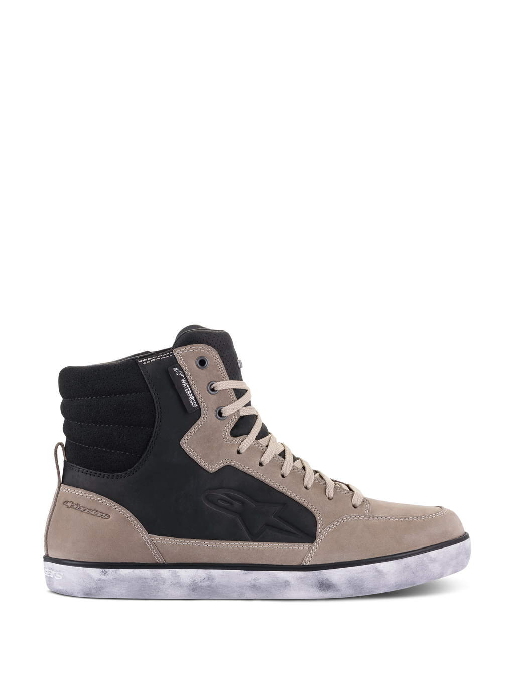 Sapato Impermeável Alpinestars J-6, sapato de condução para motociclismo, Preto Flint Branco, design de sapatilha de cano alto em pele com sola branca de efeito desgastado, incluindo etiqueta de impermeabilidade e logótipo lateral em relevo