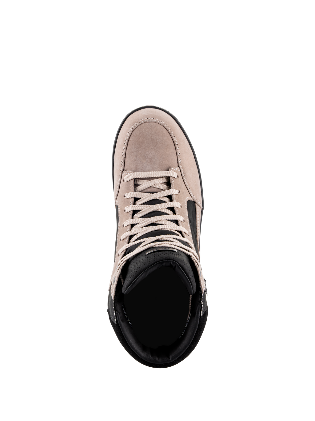 Sapatos J-6 Impermeáveis Alpinestars, sapatos de condução urbana de motociclismo, preto, cinzento e branco, vista superior mostrando a parte superior em camurça, atacadores brancos e colarinho acolchoado preto, design inspirado em ténis para deslocações de mota
