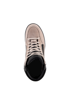 Sapatos J-6 Impermeáveis Alpinestars, sapatos de condução urbana de motociclismo, preto, cinzento e branco, vista superior mostrando a parte superior em camurça, atacadores brancos e colarinho acolchoado preto, design inspirado em ténis para deslocações de mota