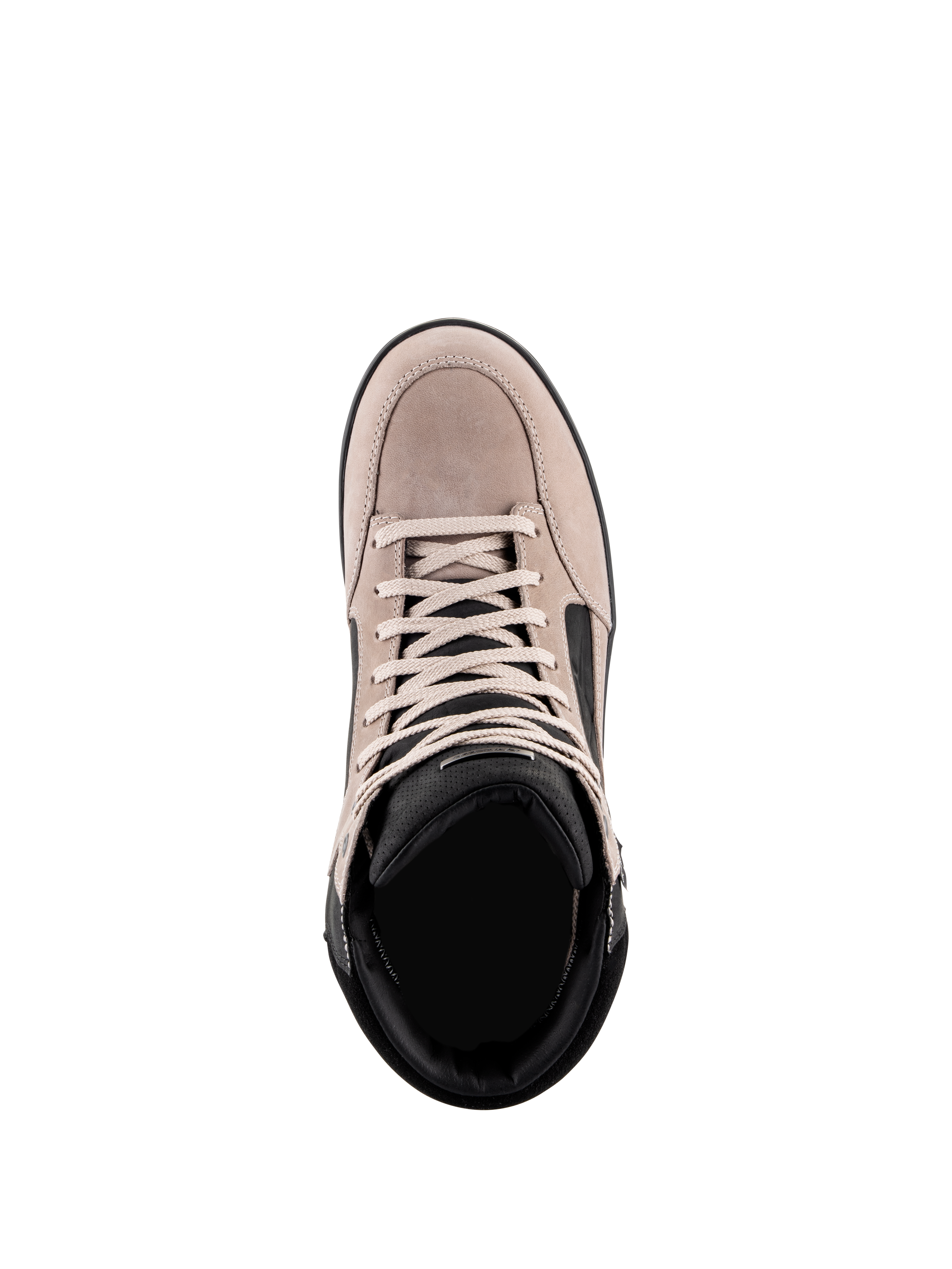 Sapatos J-6 Impermeáveis Alpinestars, sapatos de condução urbana de motociclismo, preto, cinzento e branco, vista superior mostrando a parte superior em camurça, atacadores brancos e colarinho acolchoado preto, design inspirado em ténis para deslocações de mota