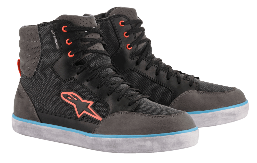 Alpinestars J-6 Waterproof Canvas Riding Shoes, Black and Anthracite Gray, high-top sneaker design with orange logo and eyelets, light blue stripe on the white sole, waterproof urban motorcycle footwear