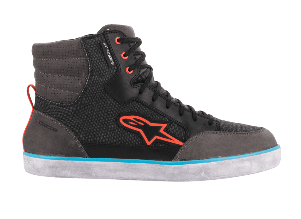Alpinestars J-6 Waterproof Canvas Riding Shoe, Black Anthracite and Light Blue, high-top sneaker silhouette featuring an orange Astars logo, orange eyelets, and a light blue stripe on a white rubber sole, casual urban motorcycle footwear.