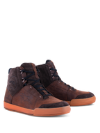 Alpinestars Chrome Crafted Drystar® Shoes, Urban Riding Shoes, Brown and Gum, high-top leather and suede construction, black laces, gum rubber sole, featuring embossed logo and Drystar branding, contemporary casual motorcycle footwear