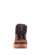 Alpinestars Chrome Crafted Drystar® Shoes, Urban Riding Shoes, Brown leather with dark brown suede accents, gum-colored rubber sole, front-facing view, black laces, casual contemporary motorcycle footwear