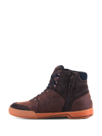 Alpinestars Chrome Crafted Drystar® Shoes, Urban Motorcycle Riding Shoes, Brown and Gum, side profile showing premium leather and suede panels, gum-colored rubber sole, side zipper for easy entry, and embossed Drystar branding, casual streetwear style for urban motorcycling.