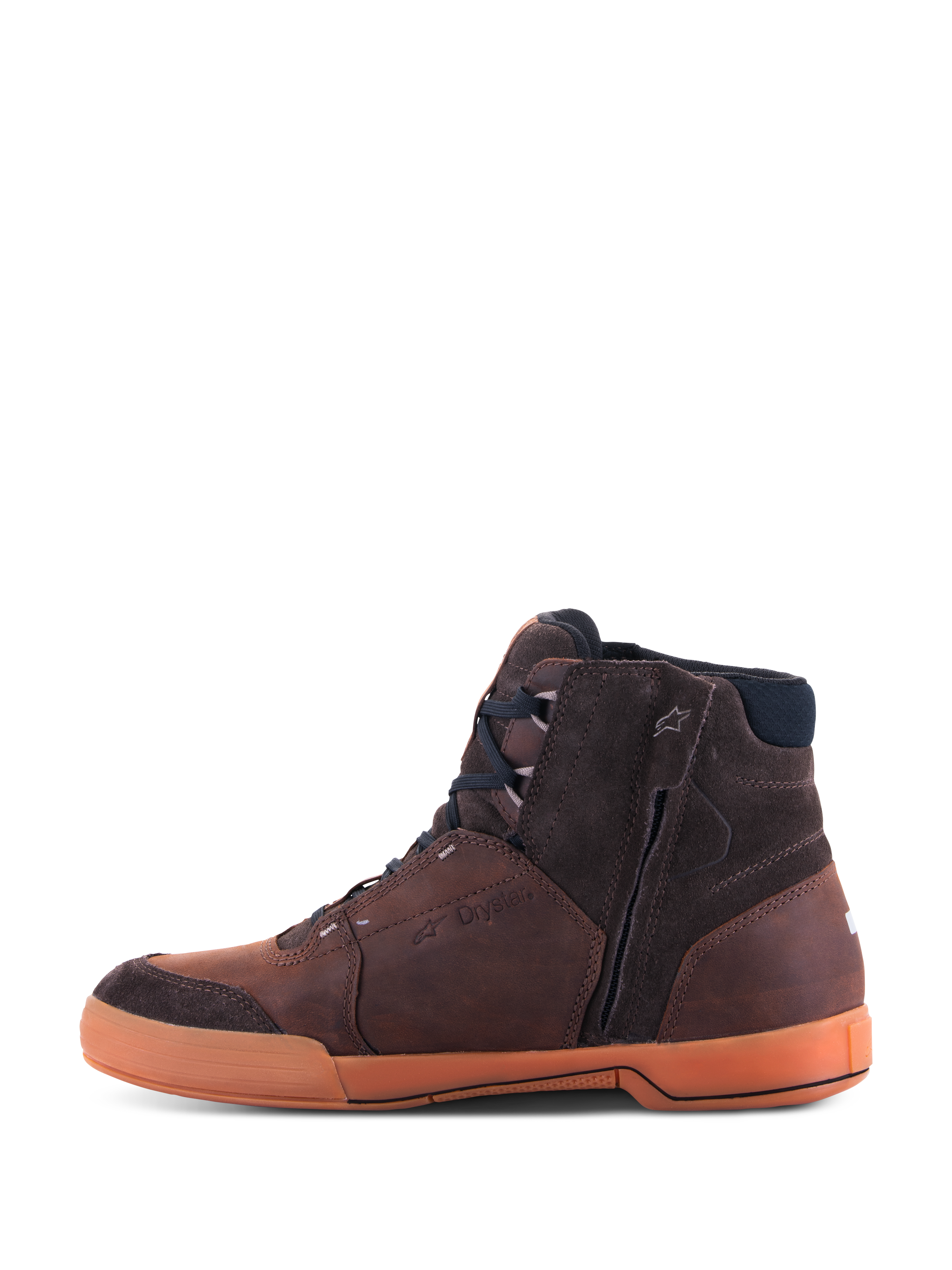 Alpinestars Chrome Crafted Drystar® Shoes, Urban Motorcycle Riding Shoes, Brown and Gum, side profile showing premium leather and suede panels, gum-colored rubber sole, side zipper for easy entry, and embossed Drystar branding, casual streetwear style for urban motorcycling.