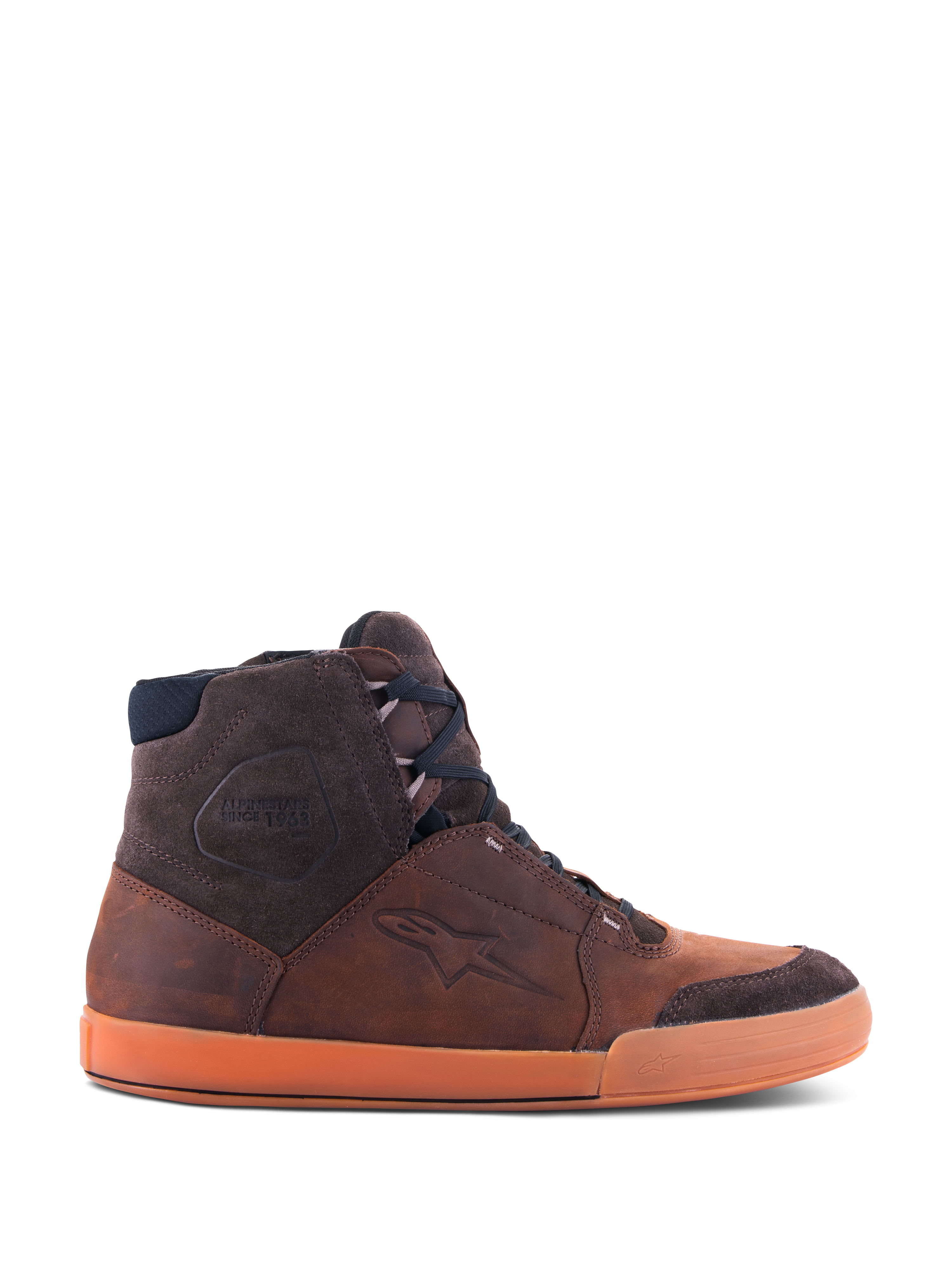 Alpinestars Chrome Crafted Drystar® Shoes, Brown Gum high-top urban riding sneakers, side view showing waterproof leather construction, dark brown suede accents, and a distinctive orange gum sole.