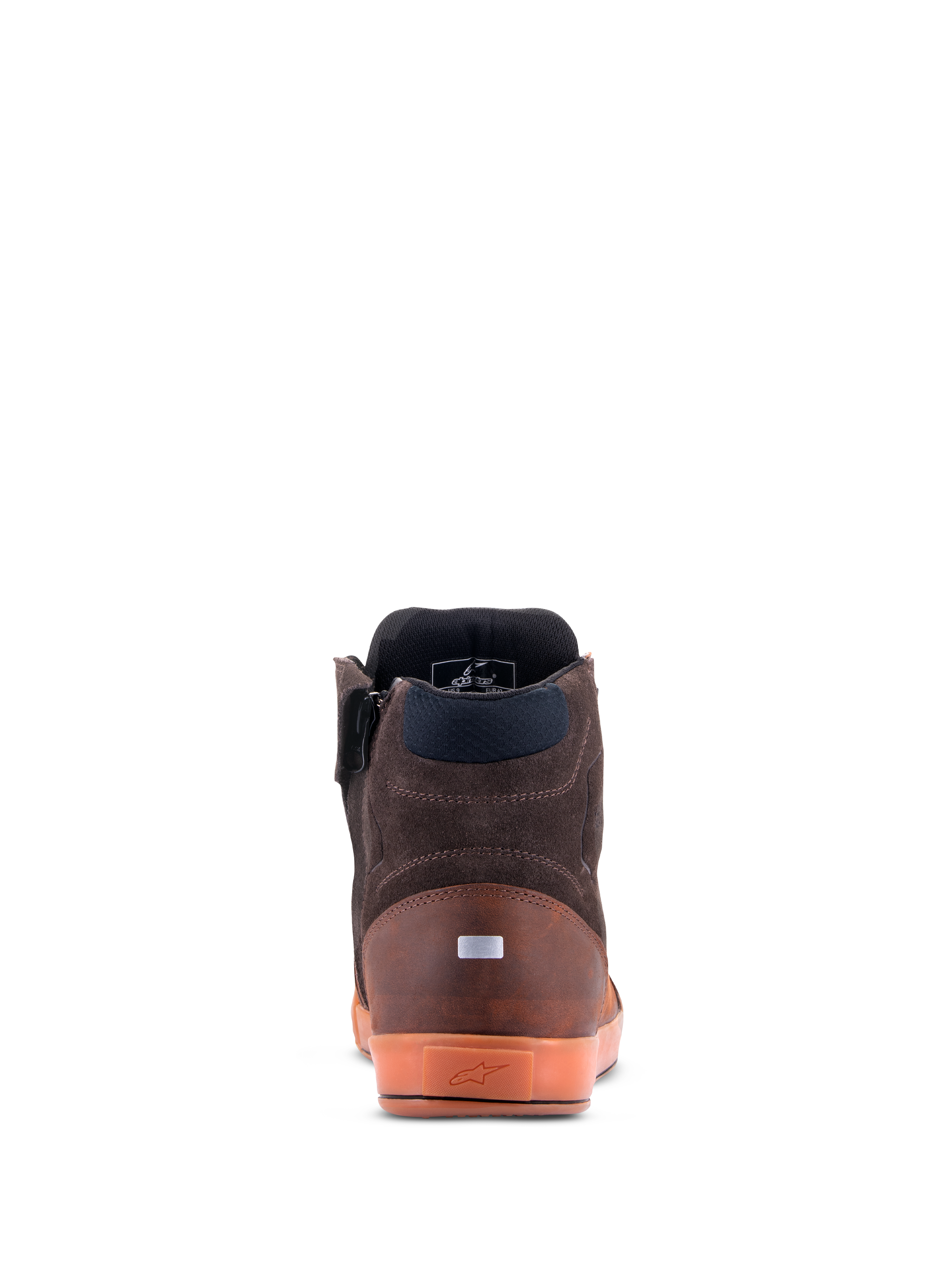 Alpinestars Chrome Crafted Drystar® Shoes, rear view, Brown Gum, casual urban motorcycle shoes, leather and suede construction, translucent gum sole with embossed logo, reflective heel detail