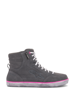 Alpinestars Women's J-6 Waterproof Shoes, Riding Shoes, Gray and Fuchsia, high-top sneaker design featuring a gray suede upper, white laces, and a vibrant pink accent line above the weathered rubber sole.