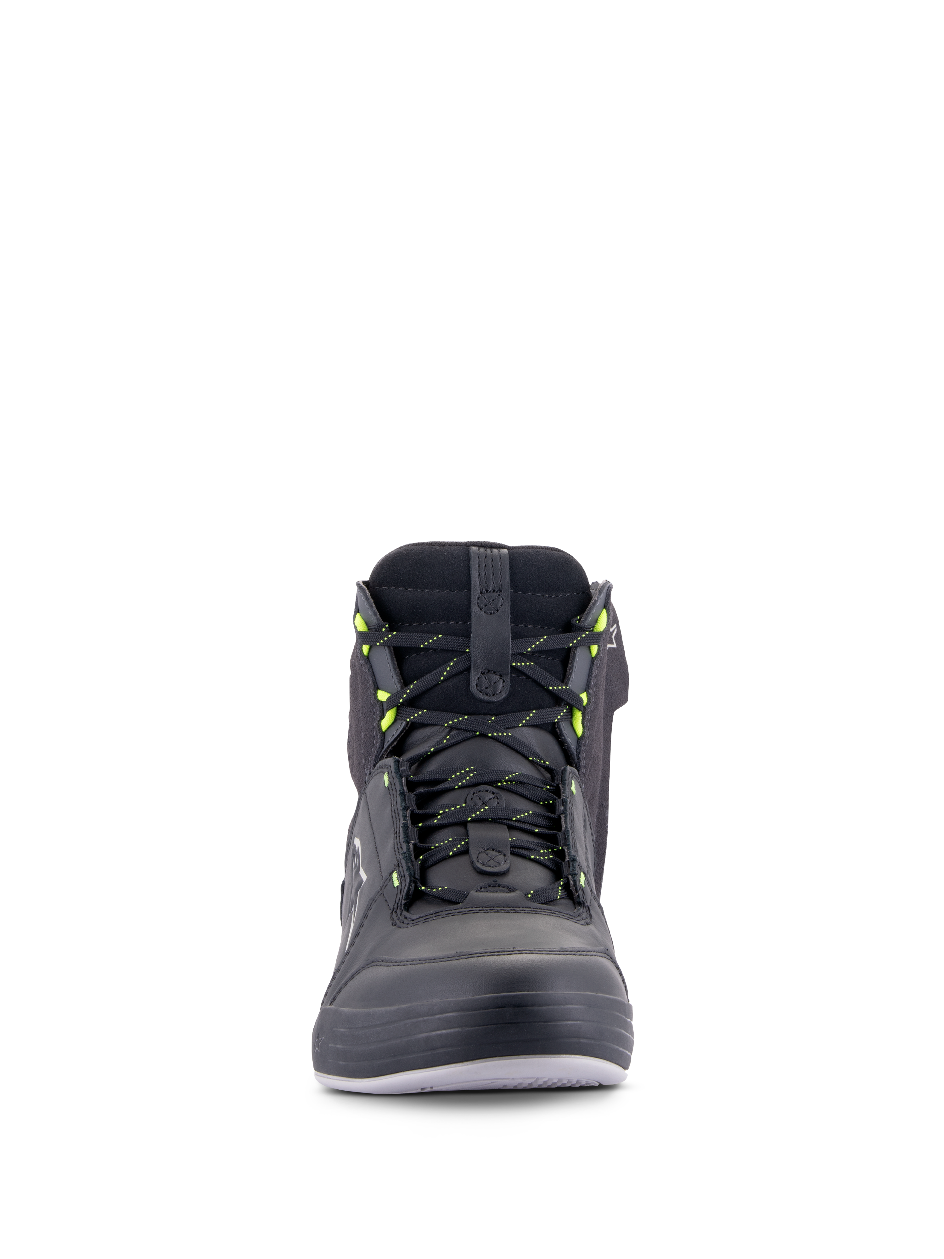 Alpinestars Chrome Drystar® Shoes, Urban Motorcycle Riding Shoes, Black Dark Gray Yellow Fluo, front view featuring laces with yellow accents, high-top leather and suede construction, waterproof casual streetwear design