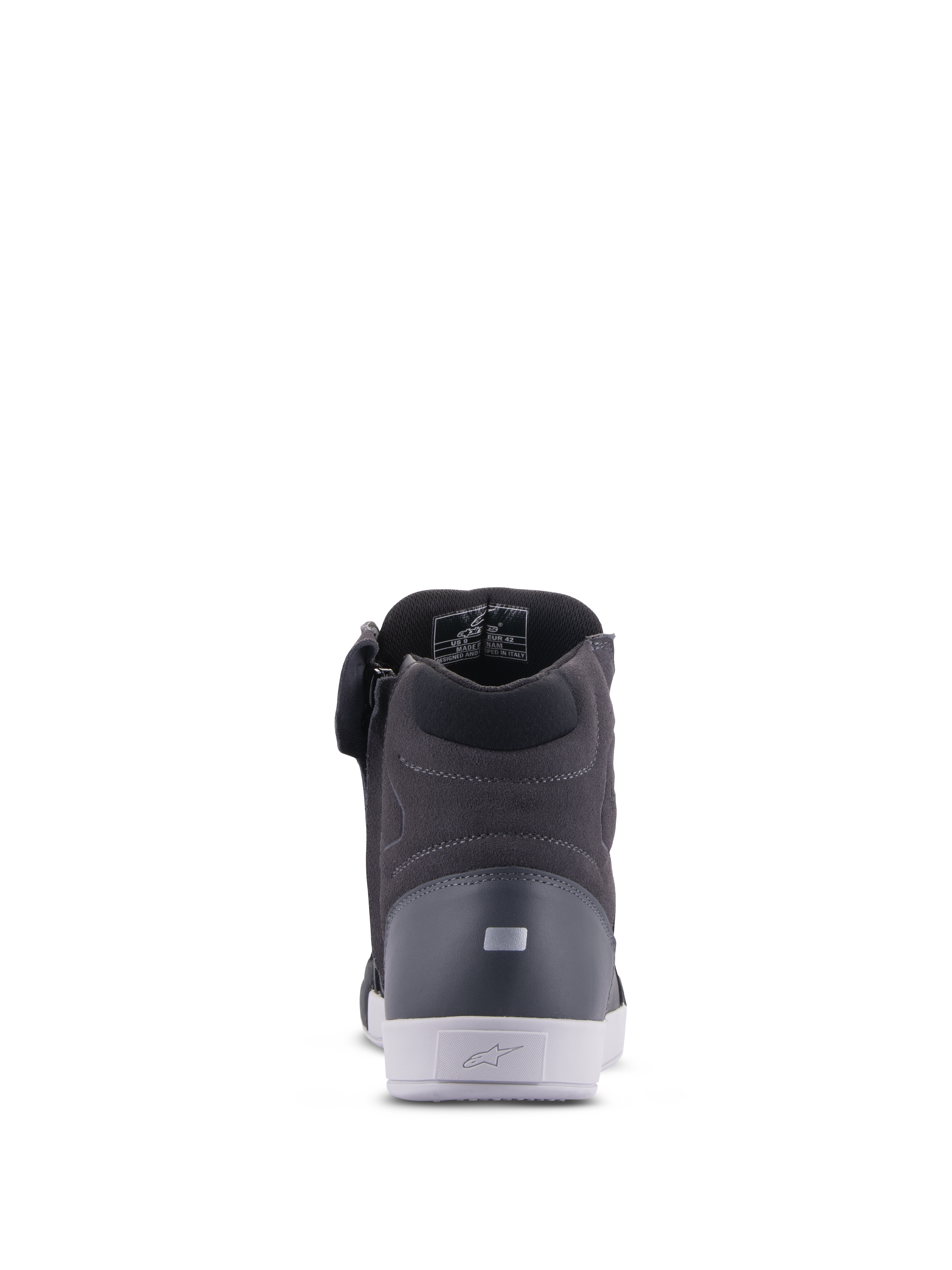 Alpinestars Chrome Drystar® Shoes, urban motorcycle riding shoes, black and dark gray with white sole, rear view featuring padded collar and reflective heel detail, modern casual street-style design.