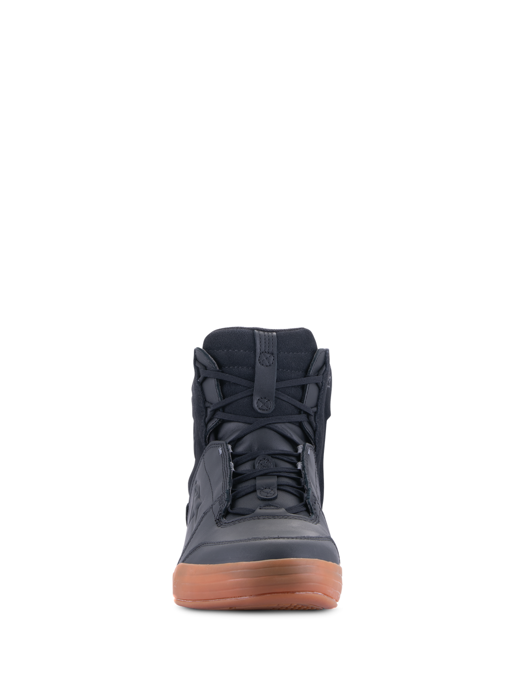 Alpinestars Chrome Drystar® Shoes, Black and Gum, front view of urban motorcycle riding shoe, casual sneaker-style high-top with laces, leather and suede construction with a brown gum sole
