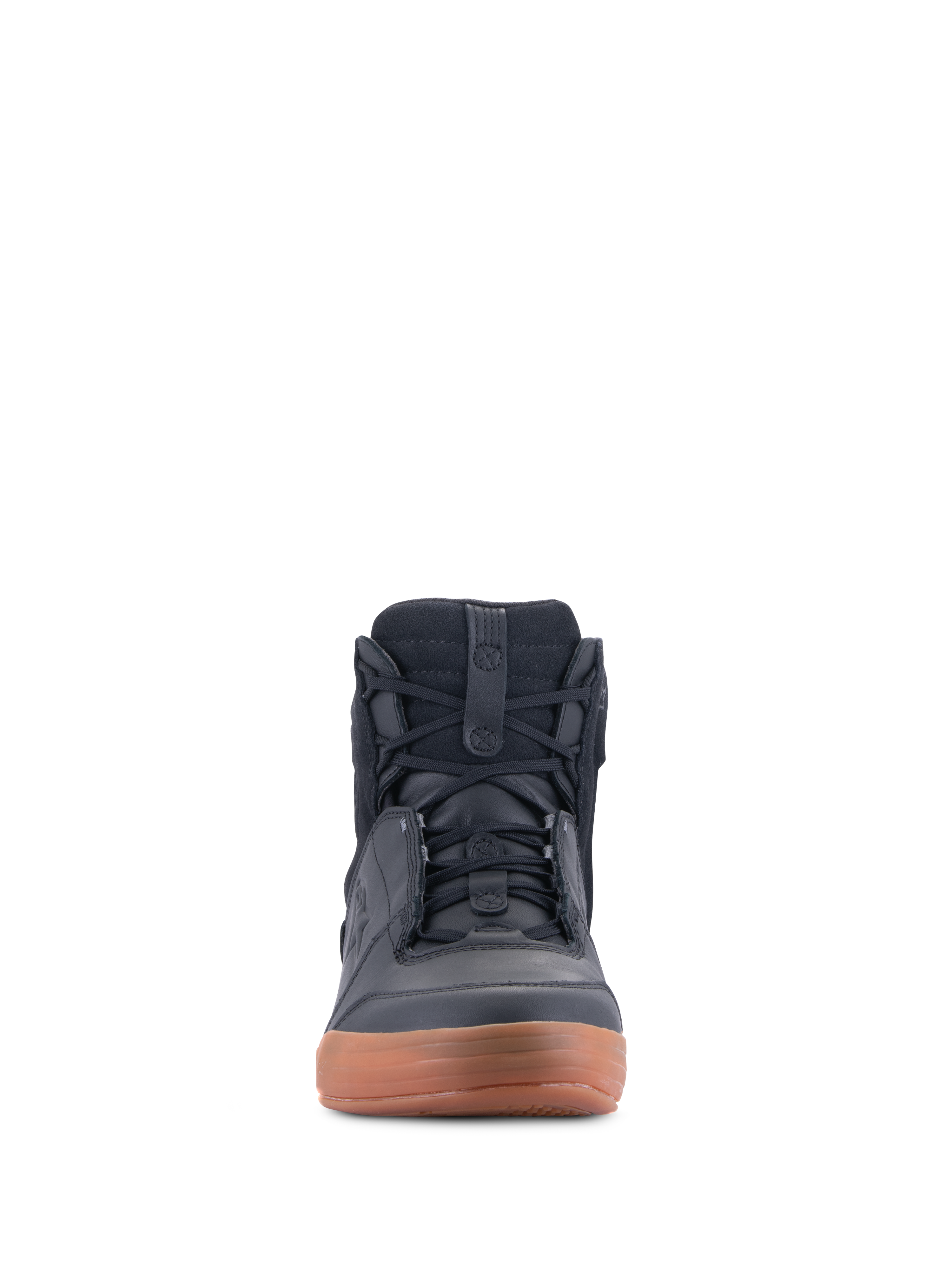 Alpinestars Chrome Drystar® Shoes, Black and Gum, front view of urban motorcycle riding shoe, casual sneaker-style high-top with laces, leather and suede construction with a brown gum sole