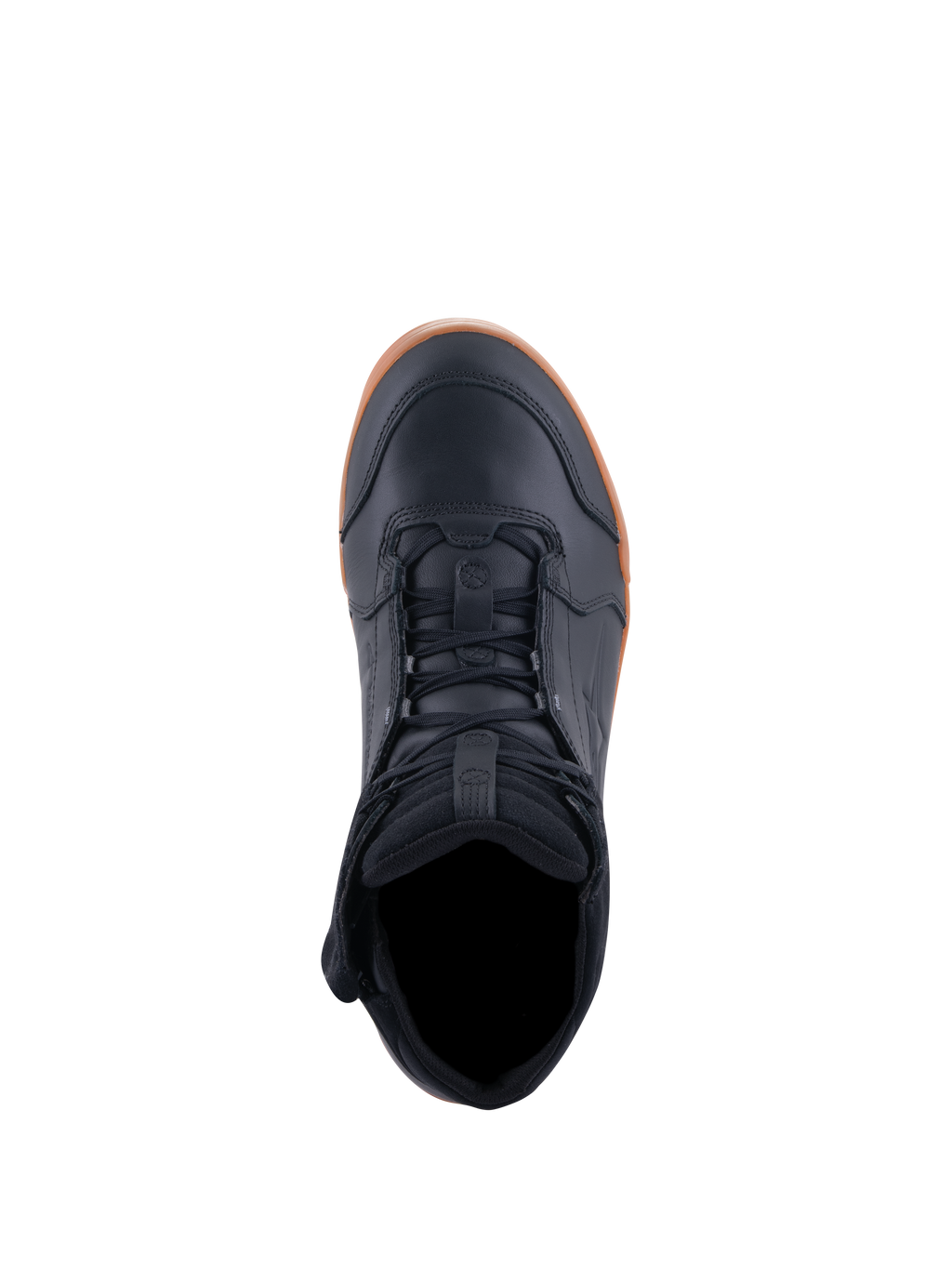 Alpinestars Chrome Drystar® Shoes, Motorcycle Riding Shoes, Black and Gum, top-down view showing lacing and padded collar, casual urban design with leather upper and gum rubber sole