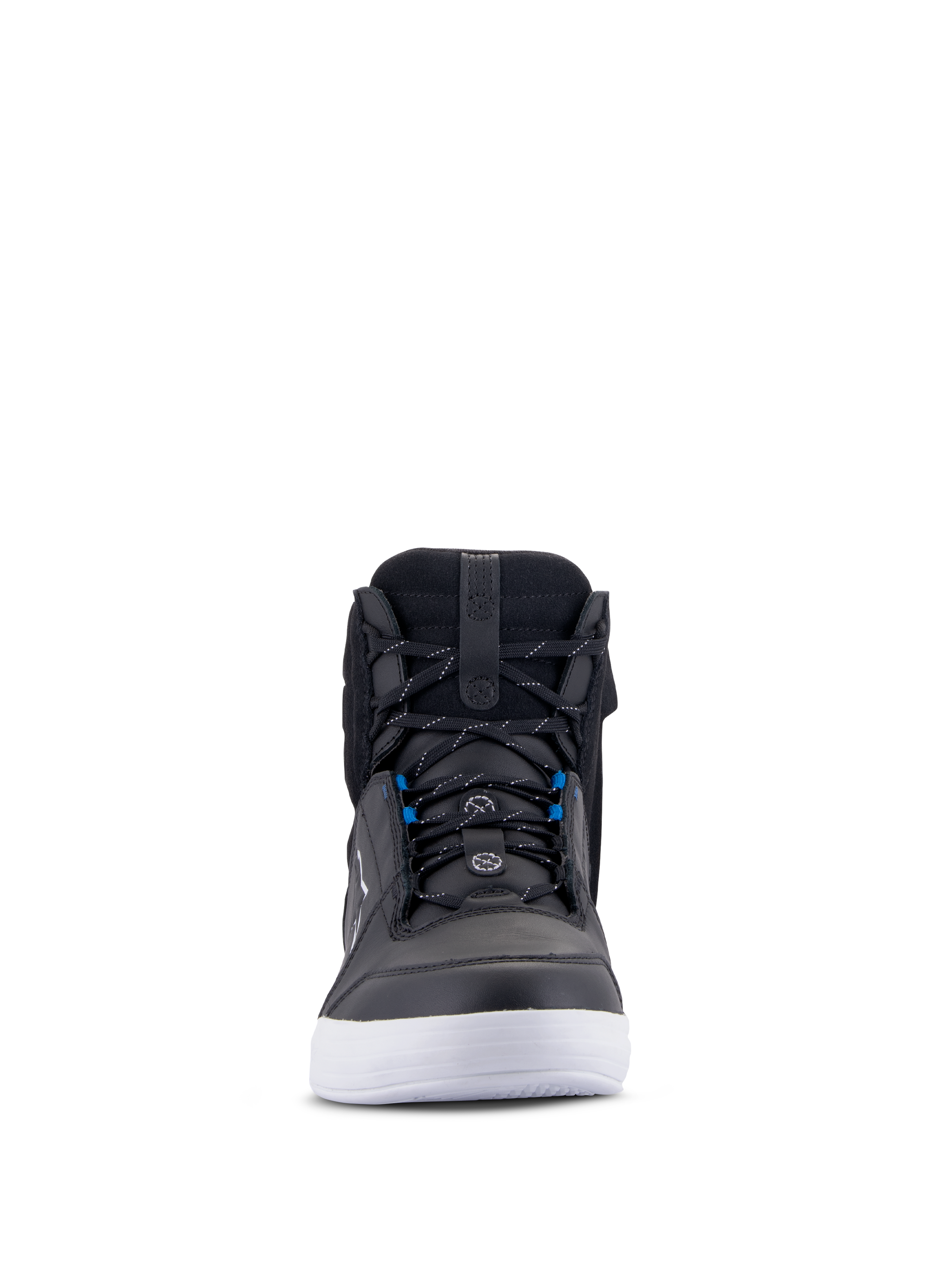 Sapatos Alpinestars Chrome Drystar®, sapatos de motociclismo urbanos, pretos, brancos e azuis, vista frontal mostrando a parte superior em pele preta, sola branca, detalhes de atacadores em azul, design casual de cano alto para condução urbana