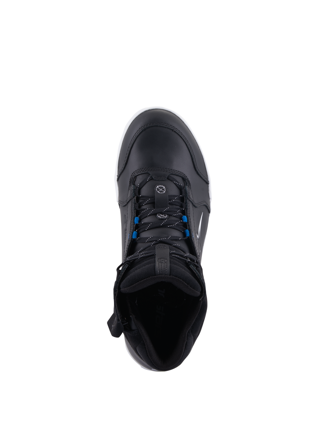 Sapatos Alpinestars Chrome Drystar®, sapatos urbanos para motociclismo, preto branco azul, vista de cima com atacadores pretos e detalhes azuis, construção em pele premium e design protetor de estilo urbano