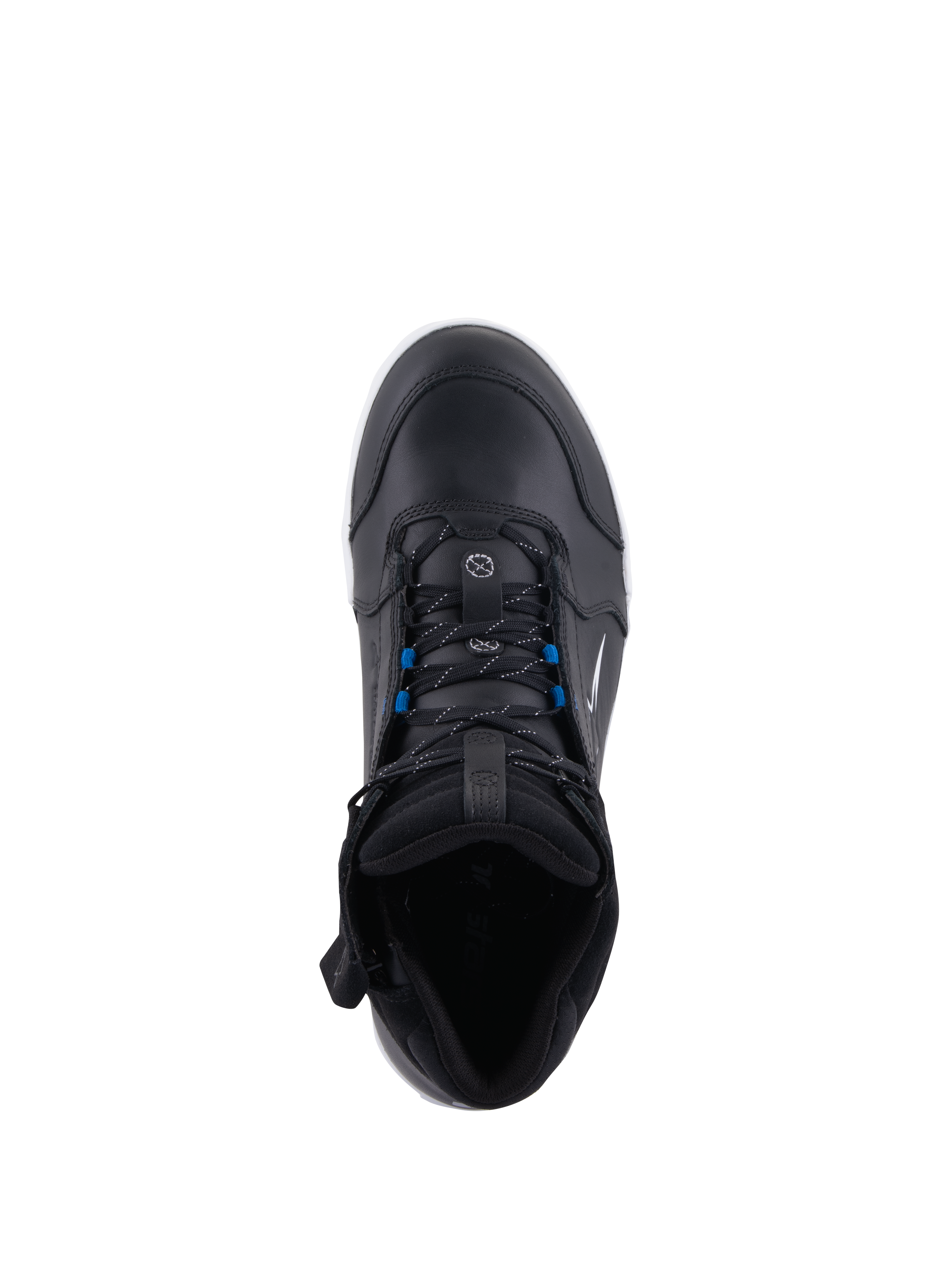 Sapatos Alpinestars Chrome Drystar®, sapatos urbanos para motociclismo, preto branco azul, vista de cima com atacadores pretos e detalhes azuis, construção em pele premium e design protetor de estilo urbano