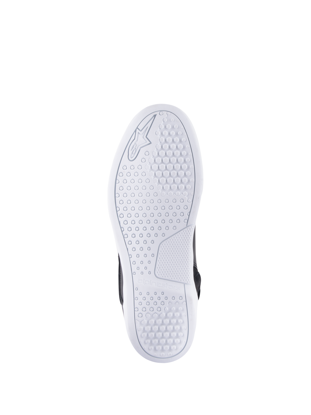 Sapatos Alpinestars Chrome Drystar®, vista inferior da sola, brancos, com padrão de aderência hexagonal para tração, logótipo e marca Alpinestars em relevo, sapatos de motociclismo urbanos casuais