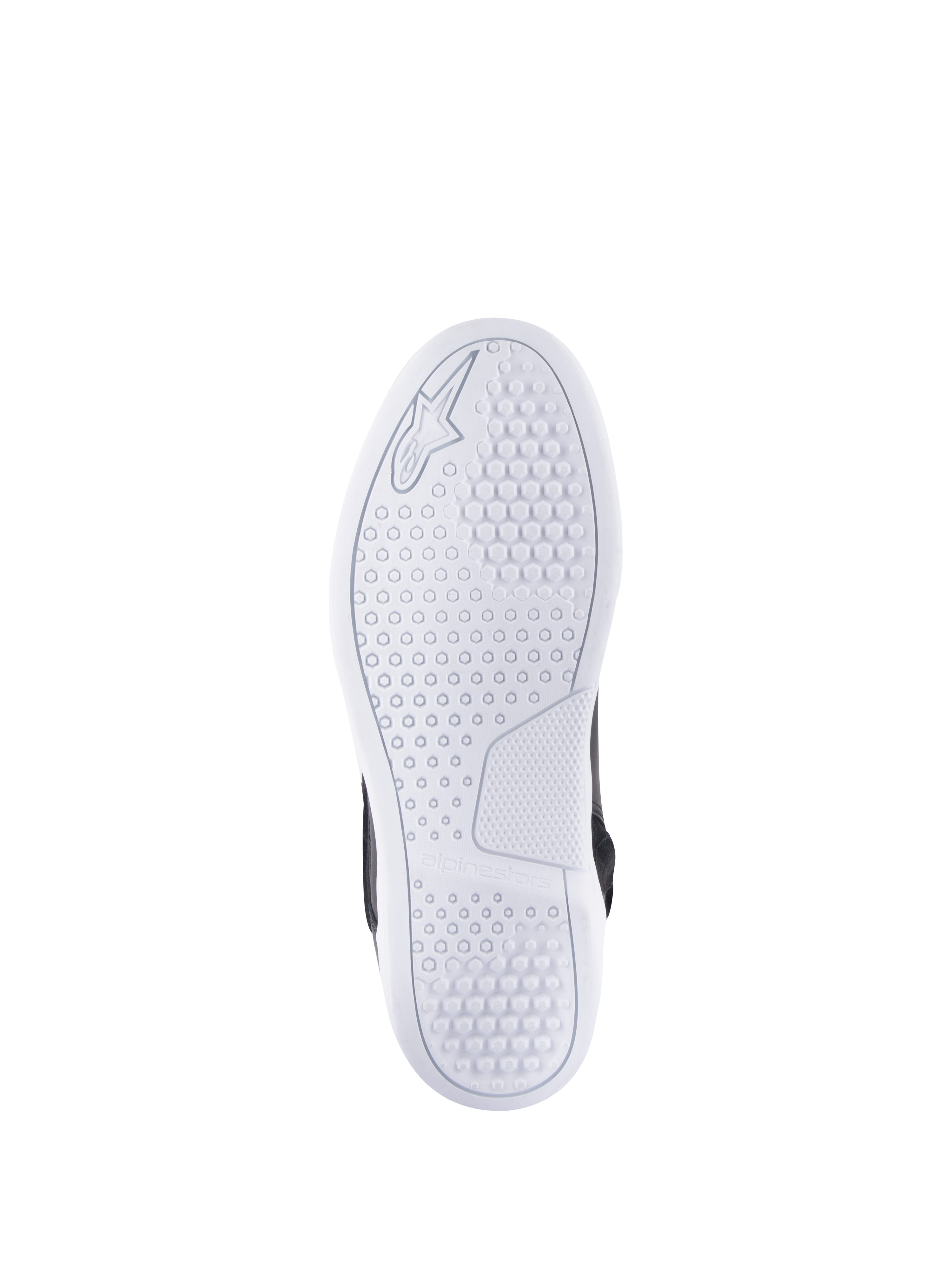 Sapatos Alpinestars Chrome Drystar®, vista inferior da sola, brancos, com padrão de aderência hexagonal para tração, logótipo e marca Alpinestars em relevo, sapatos de motociclismo urbanos casuais