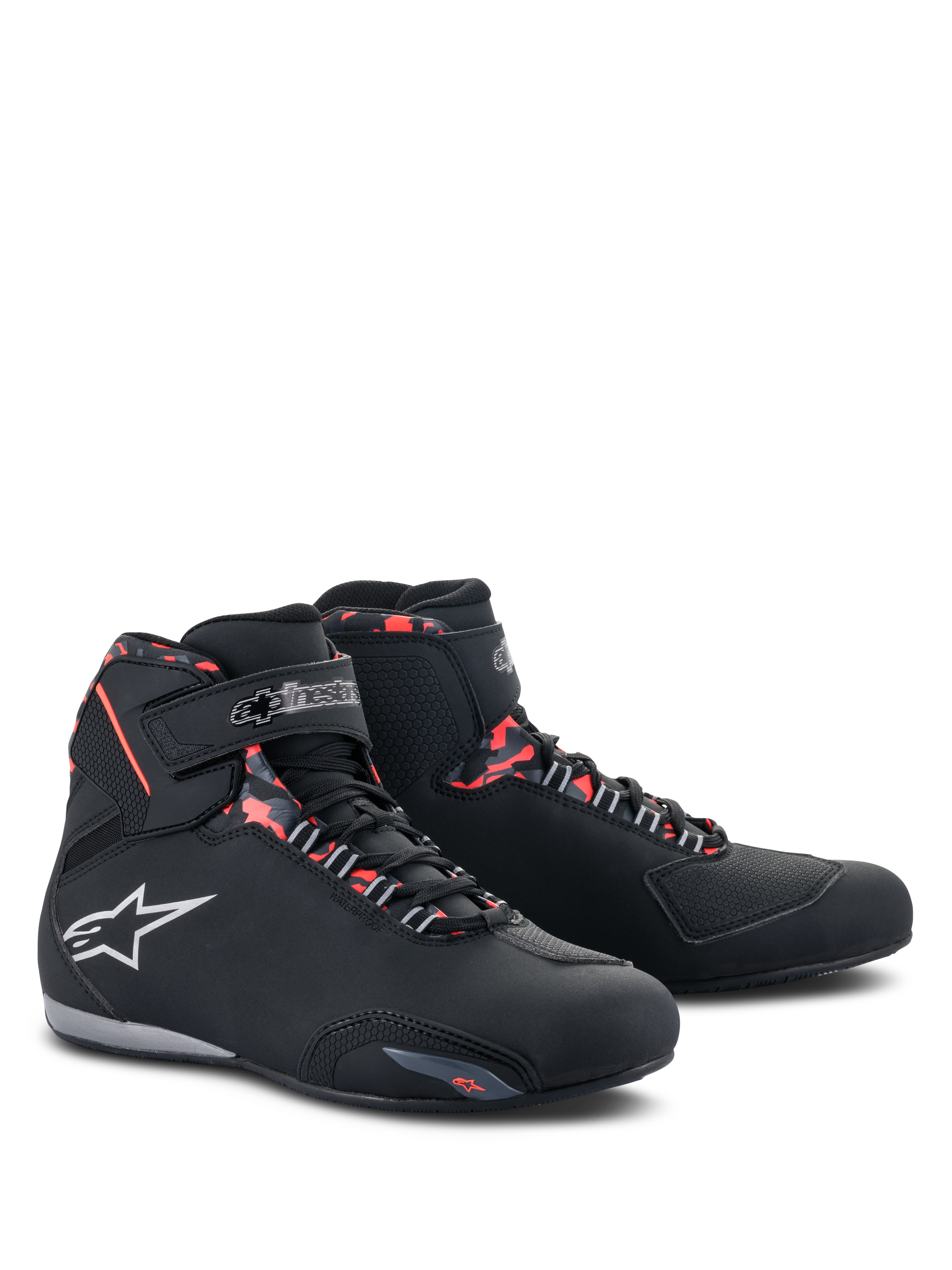 Alpinestars Sektor Waterproof Shoes, Motorcycle Riding Shoes, Black Dark Gray and Red Fluo, featuring a white Alpinestars logo, high-top profile with lace-up and velcro strap closure, sleek waterproof design for road riding