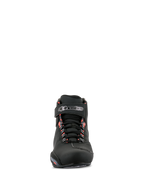 Alpinestars Sektor Waterproof Shoes, Motorcycle Riding Shoes, Black Dark Gray and Red Fluo, front view showing black microfiber chassis, lace-up closure with branded Velcro ankle strap, and red fluorescent accents on the eyelets.