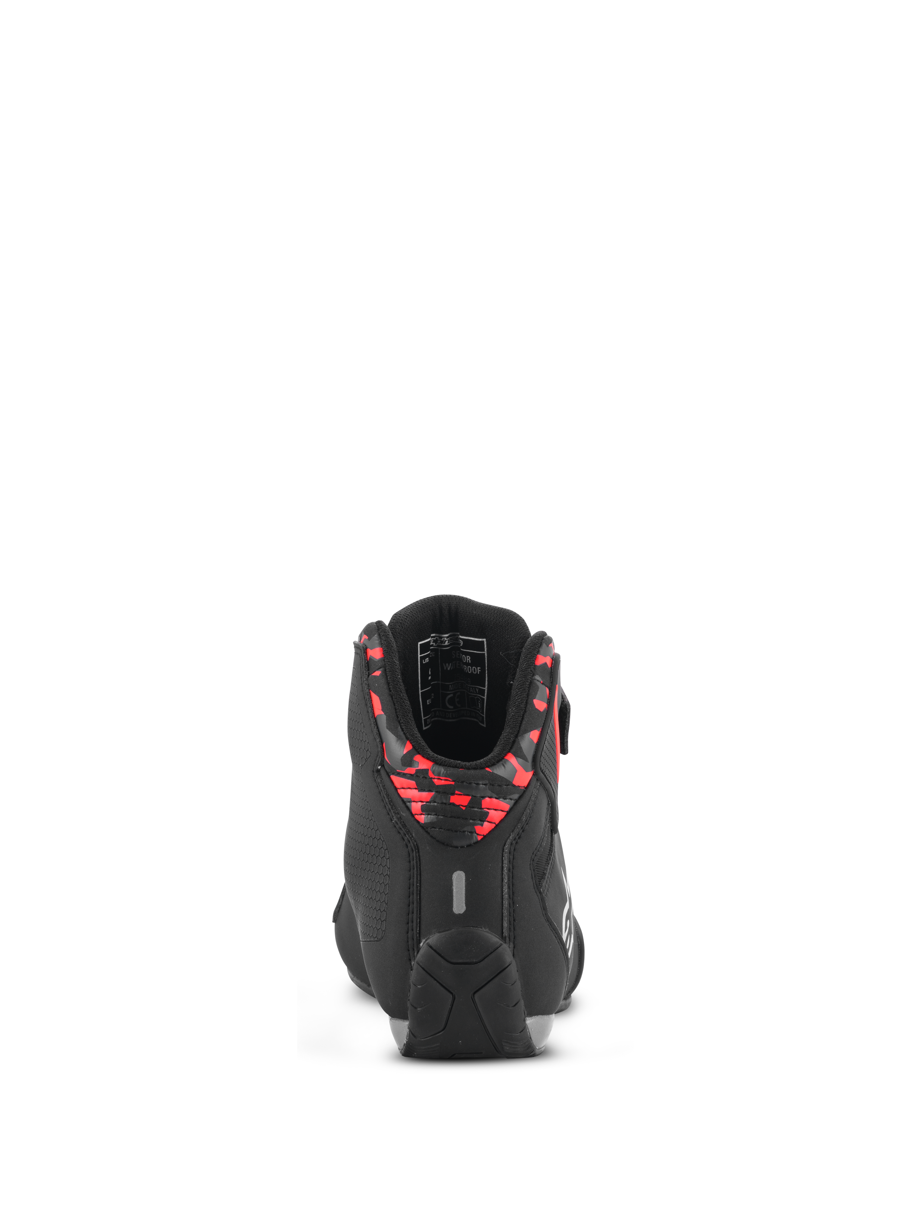 Alpinestars Sektor Waterproof Shoes, Motorcycle Riding Shoes, Black Dark Gray and Red Fluo, rear view showing the patterned heel collar, reflective tab, and durable rubber sole, lightweight microfiber construction