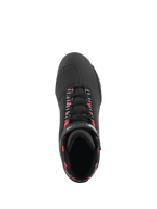 Alpinestars Sektor Waterproof Shoes, Motorcycle Riding Shoes, Black Dark Gray and Red Fluo, top-down view showing black laces with fluorescent red accents, textured toe box for shifting, and sleek microfiber construction