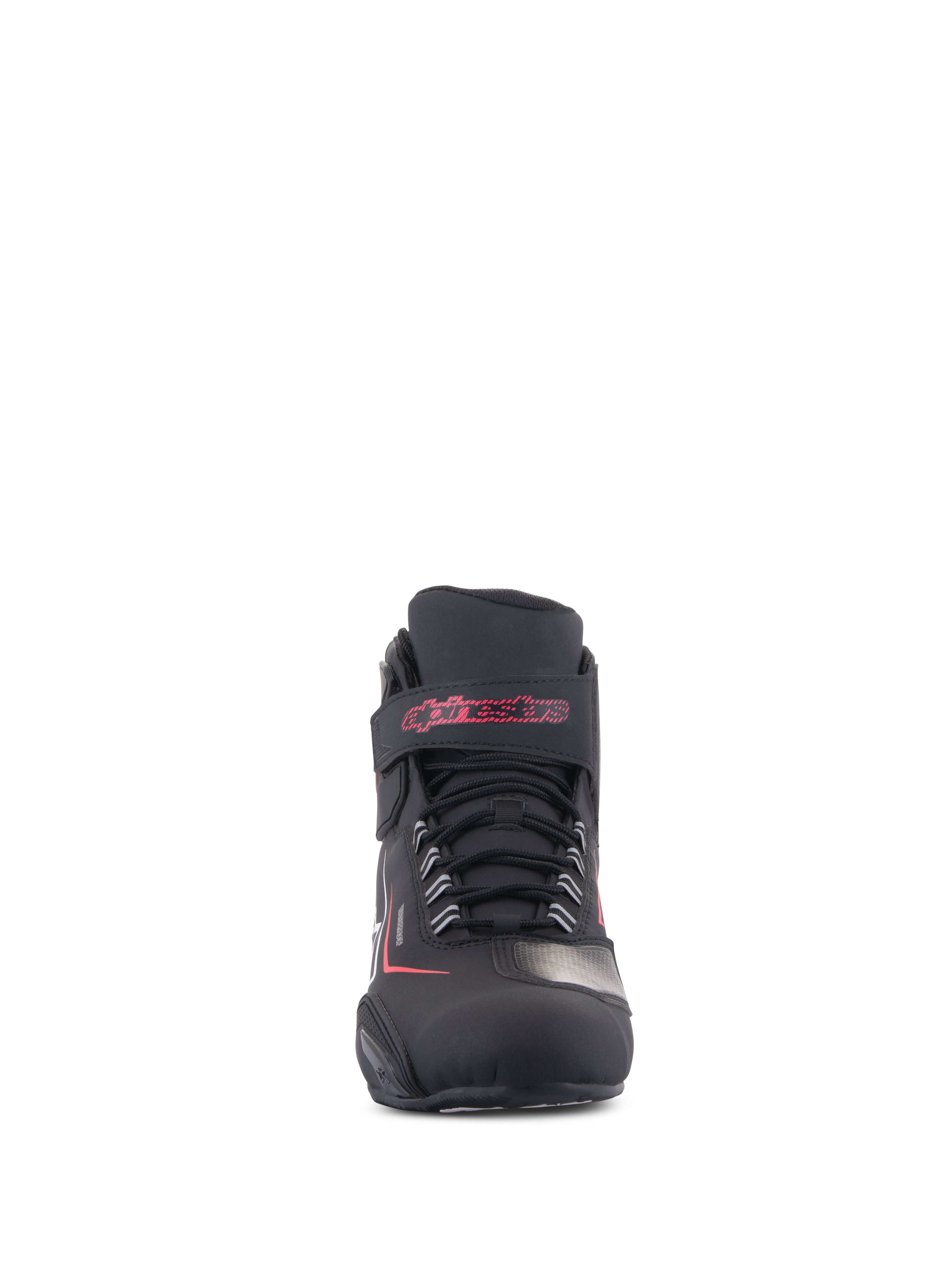 Alpinestars Sektor Waterproof Shoes, Motorcycle Riding Shoes, Black with white and red accents, front view featuring a secure lace-up system and a velcro ankle strap with red Alpinestars lettering, durable microfiber finish.