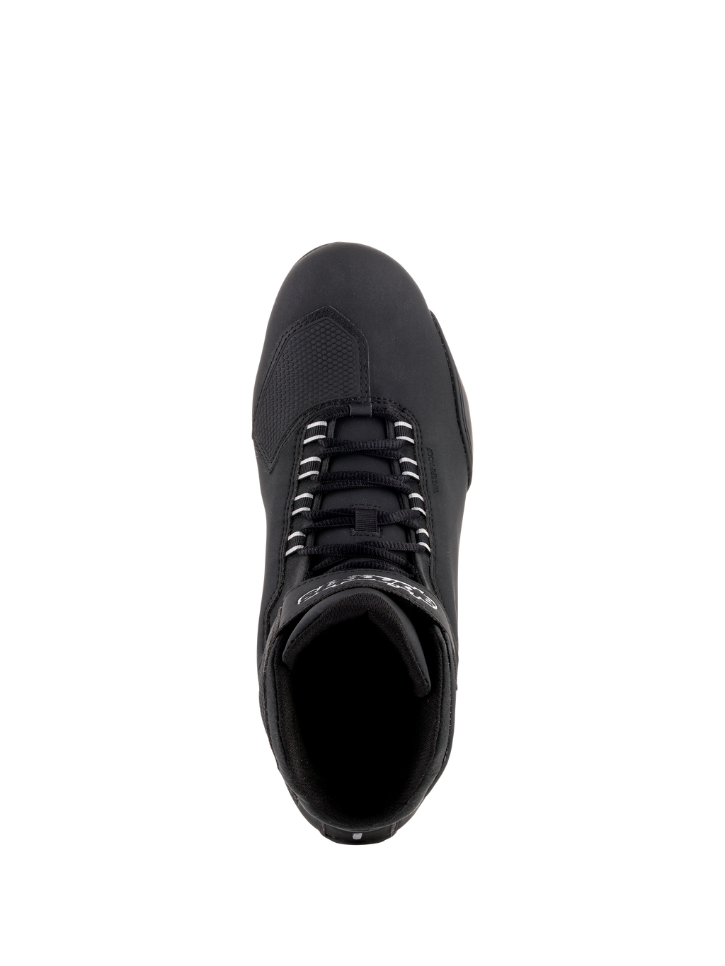 Alpinestars Sektor Waterproof Shoes, sapatos de motociclismo pretos, vista superior com atacadores pretos e biqueira reforçada, construção elegante em microfibra para performance em estrada