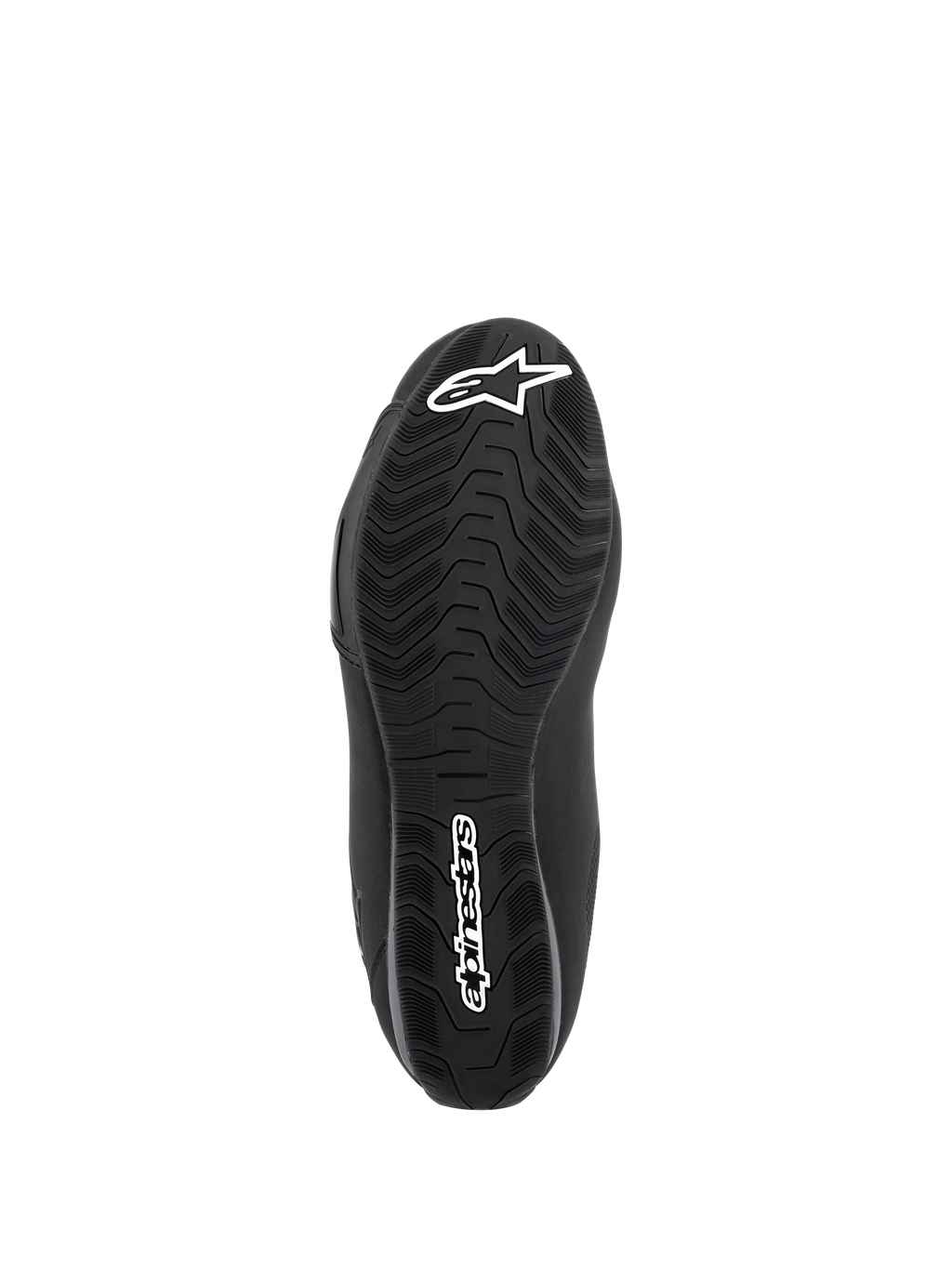 Sapatos Impermeáveis Alpinestars Sektor, pretos, vista inferior da sola em composto de borracha, com um padrão de rasto especializado para escoamento de água e aderência, logótipo de estrela branco e marca nominativa Alpinestars.