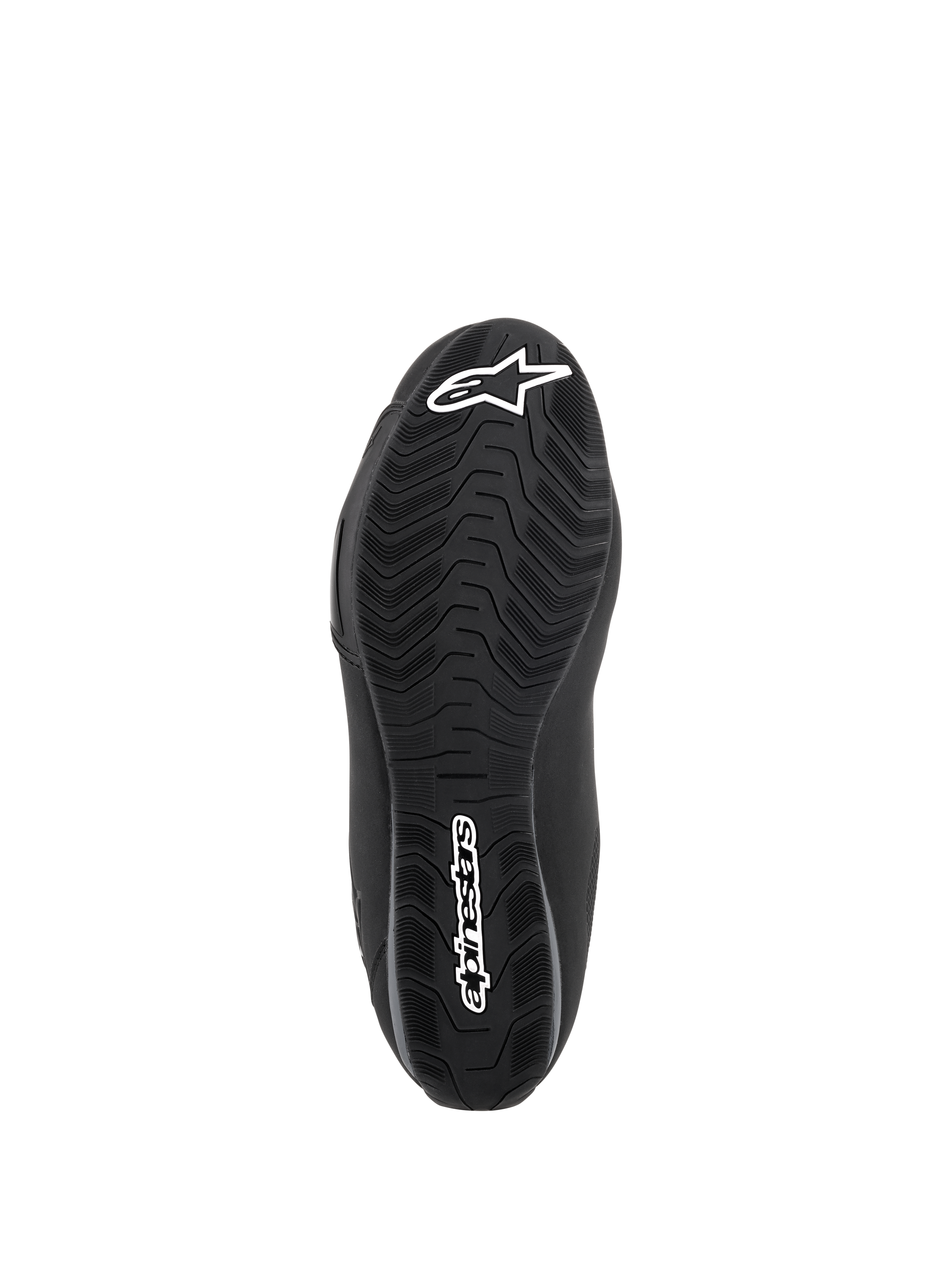 Sapatos Impermeáveis Alpinestars Sektor, pretos, vista inferior da sola em composto de borracha, com um padrão de rasto especializado para escoamento de água e aderência, logótipo de estrela branco e marca nominativa Alpinestars.