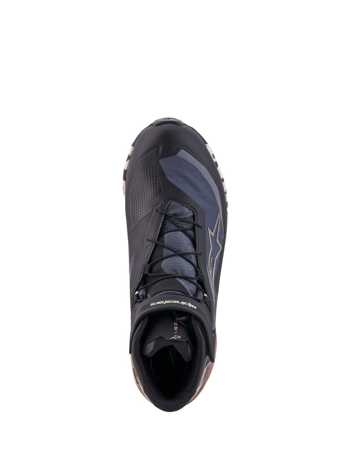 Alpinestars Cr X Gore Tex Sapatos, sapatos de moto, vista superior mostrando construção sintética preta, cinzenta escura e bege com impermeabilidade GORE-TEX e sistema de aperto rápido