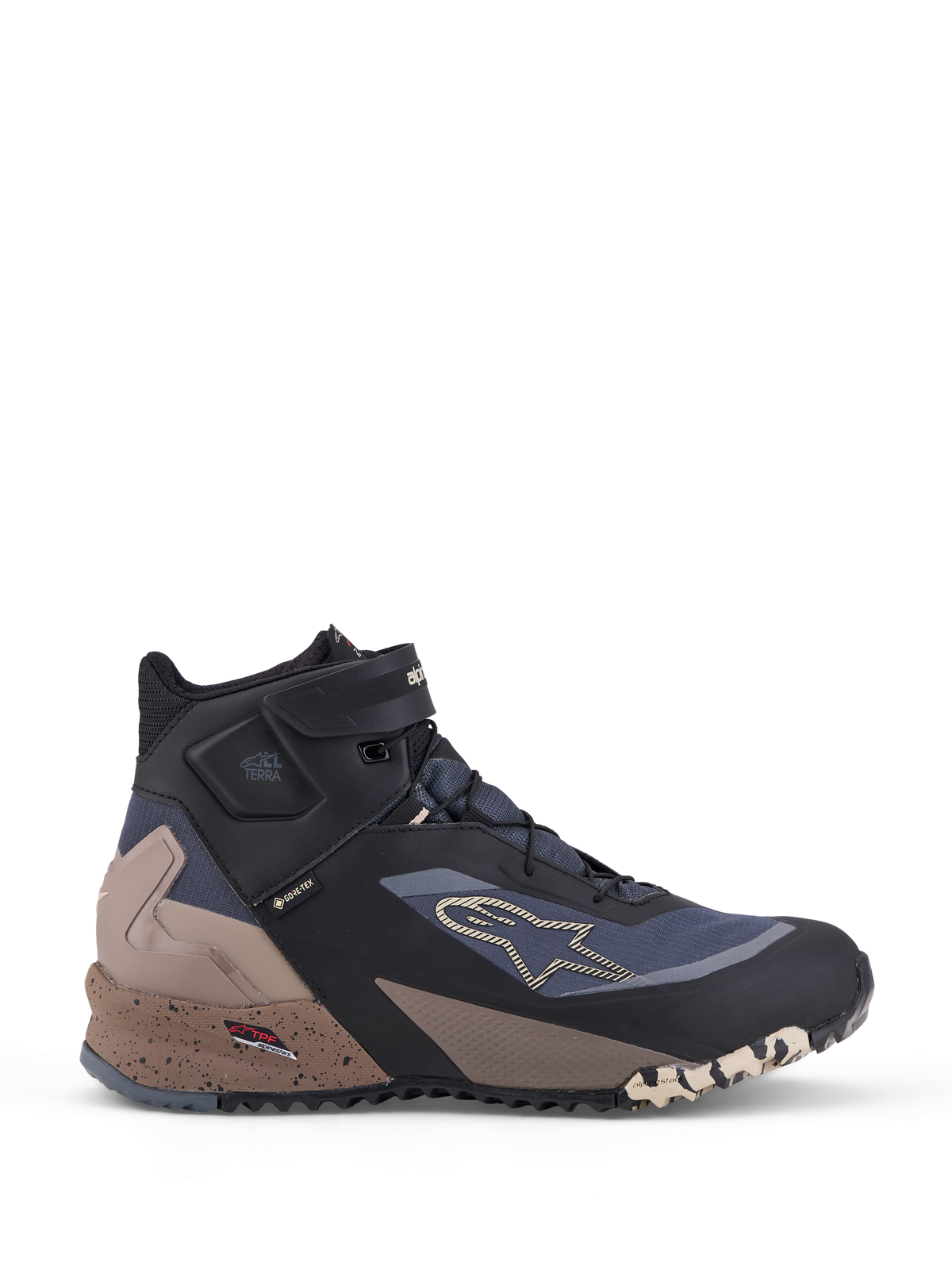 Alpinestars Cr X Gore Tex Sapatos, sapatos de moto de cano baixo, pretos, cinzentos escuros e bege, com membrana GORE-TEX impermeável, proteção TPF e atacadores de cano alto