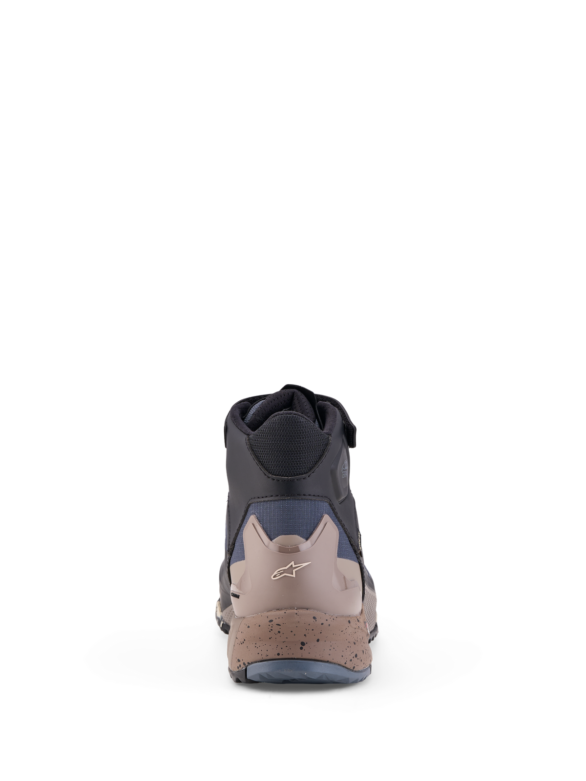 Alpinestars Cr X Gore-Tex Sapatos, sapatos de moto todo-o-terreno de cano baixo em preto, cinzento-escuro e bege, vista traseira mostrando o reforço de proteção do calcanhar e sola intermédia salpicada