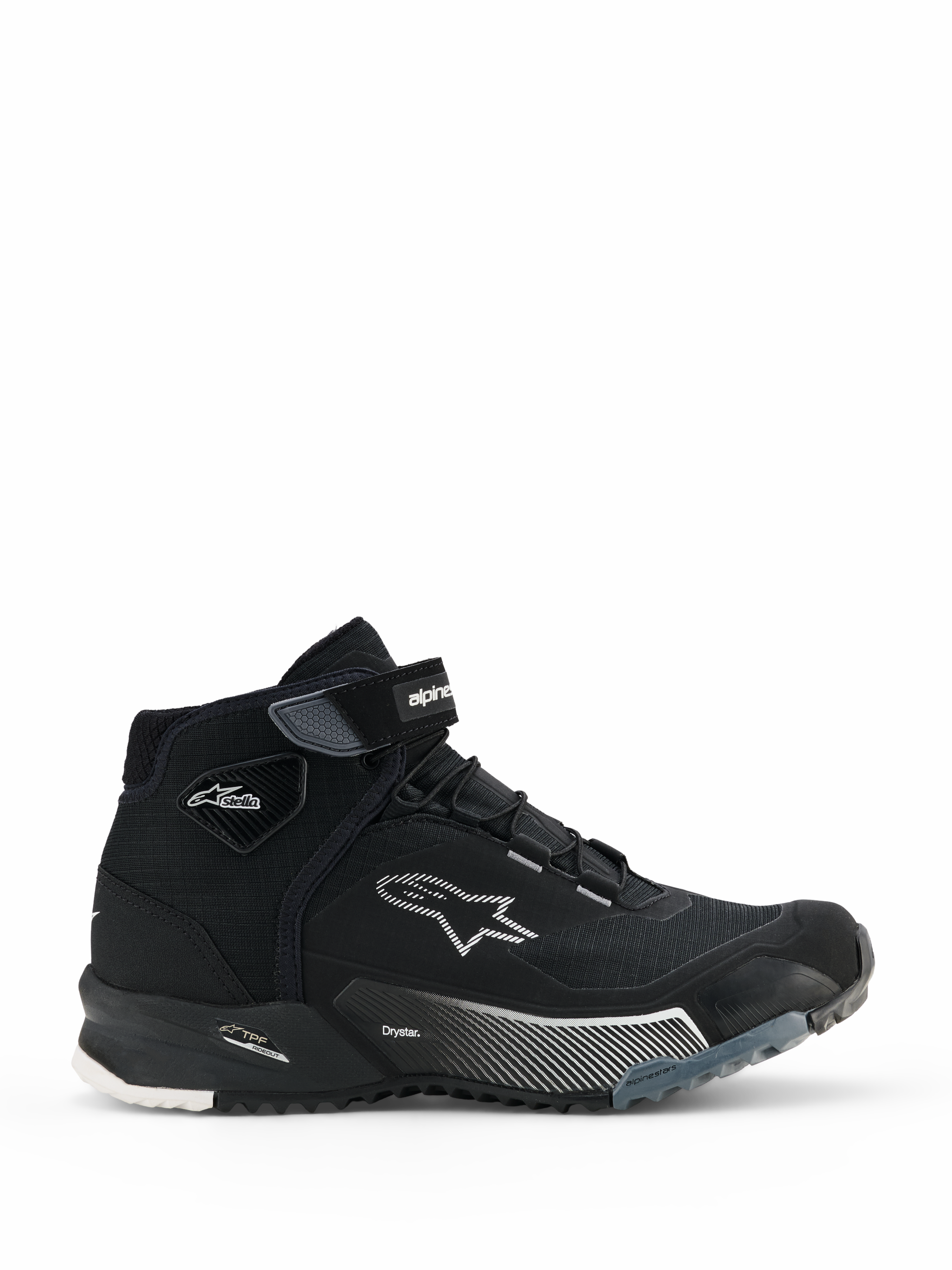 Alpinestars CR-X Women's Drystar Riding Shoes, sapatilhas de motociclismo de cano alto pretas para mulher, vista lateral de calçado urbano com fecho de atacadores e tira de velcro no tornozelo, logótipo da estrela Alpinestars branco, marcas 'Drystar' e 'TPF' na entressola, sola de borracha robusta com padrões brancos e cinzentos.