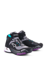 Alpinestars CR-X Women's Drystar® Riding Shoes, Motorcycle Riding Shoes, Black Gray Plum and Teal, featuring white Alpinestars logo on the side, purple outsole, teal accents, and sleek athletic design for walking and riding comfort