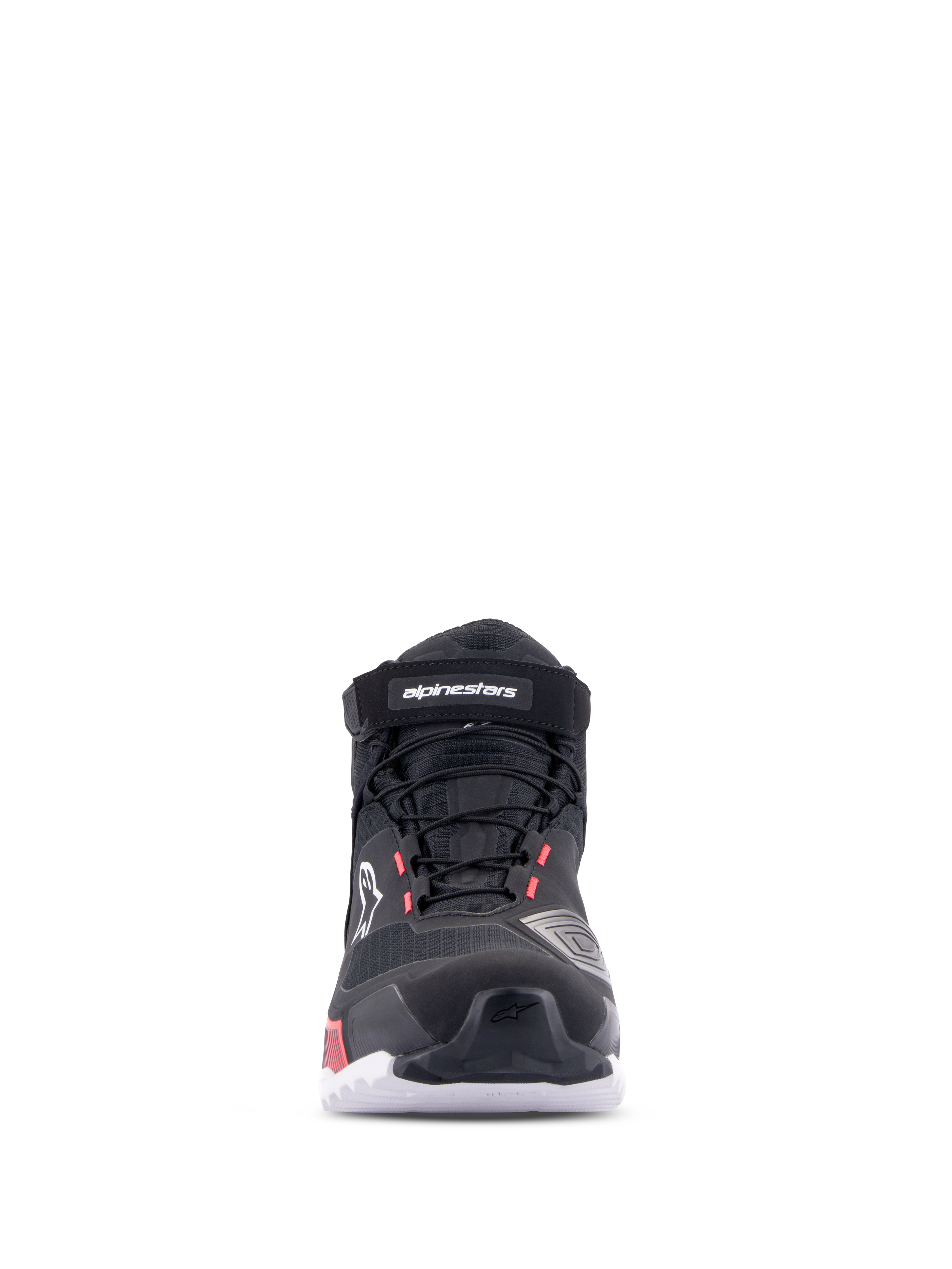 Alpinestars CR-X Women's Drystar® Riding Shoe, Black White Diva Pink, front view, waterproof motorcycle footwear with technical textile upper, laces, and velcro ankle strap, featuring white branding and diva pink accents.