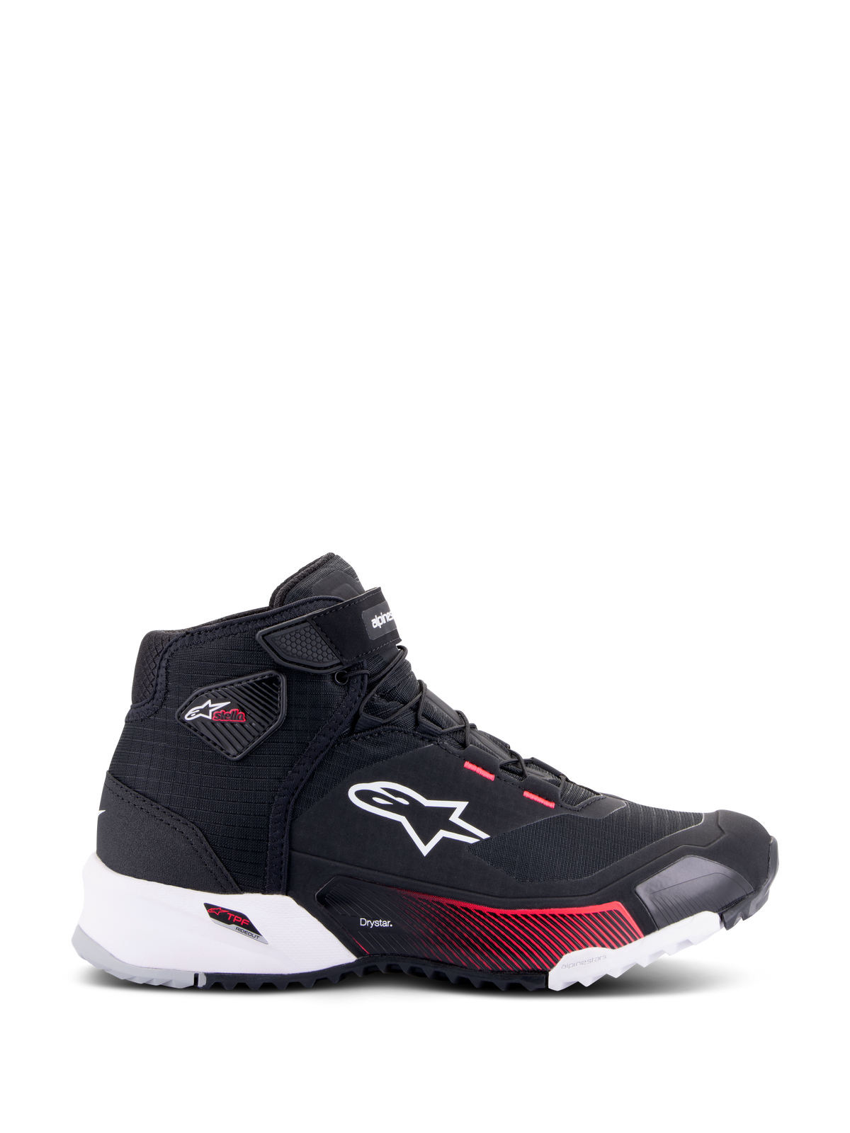 Sapatos de Pilotagem Alpinestars CR-X Women's Drystar®, sapatos de motociclismo, preto, branco e diva pink, vista de perfil mostrando o logótipo Alpinestars branco, pormenores em degradê rosa na entressola e marca Stella no tornozelo, design elegante e impermeável estilo ténis.