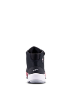 Alpinestars CR-X Women's Drystar Riding Shoe, Black White and Diva Pink, Rear view featuring white heel support and star logo, technical motorcycle footwear with pink accents on the sole