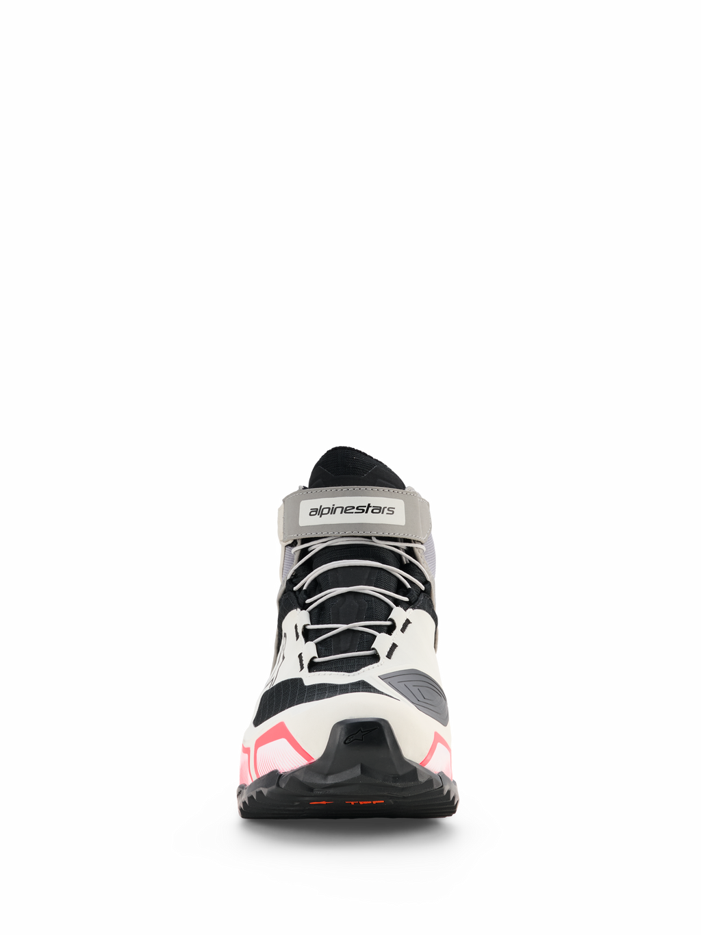Alpinestars CR-X Women's Drystar® Riding Shoes, Women's Motorcycle Riding Shoes, White Mid Gray Black and Diva Pink, front view featuring gray laces and branded ankle strap, athletic-style design with pink accents on the sole, waterproof riding footwear