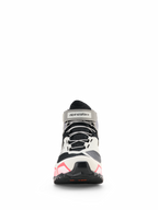 Alpinestars CR-X Women's Drystar® Riding Shoes, Women's Motorcycle Riding Shoes, White Mid Gray Black and Diva Pink, front view featuring gray laces and branded ankle strap, athletic-style design with pink accents on the sole, waterproof riding footwear