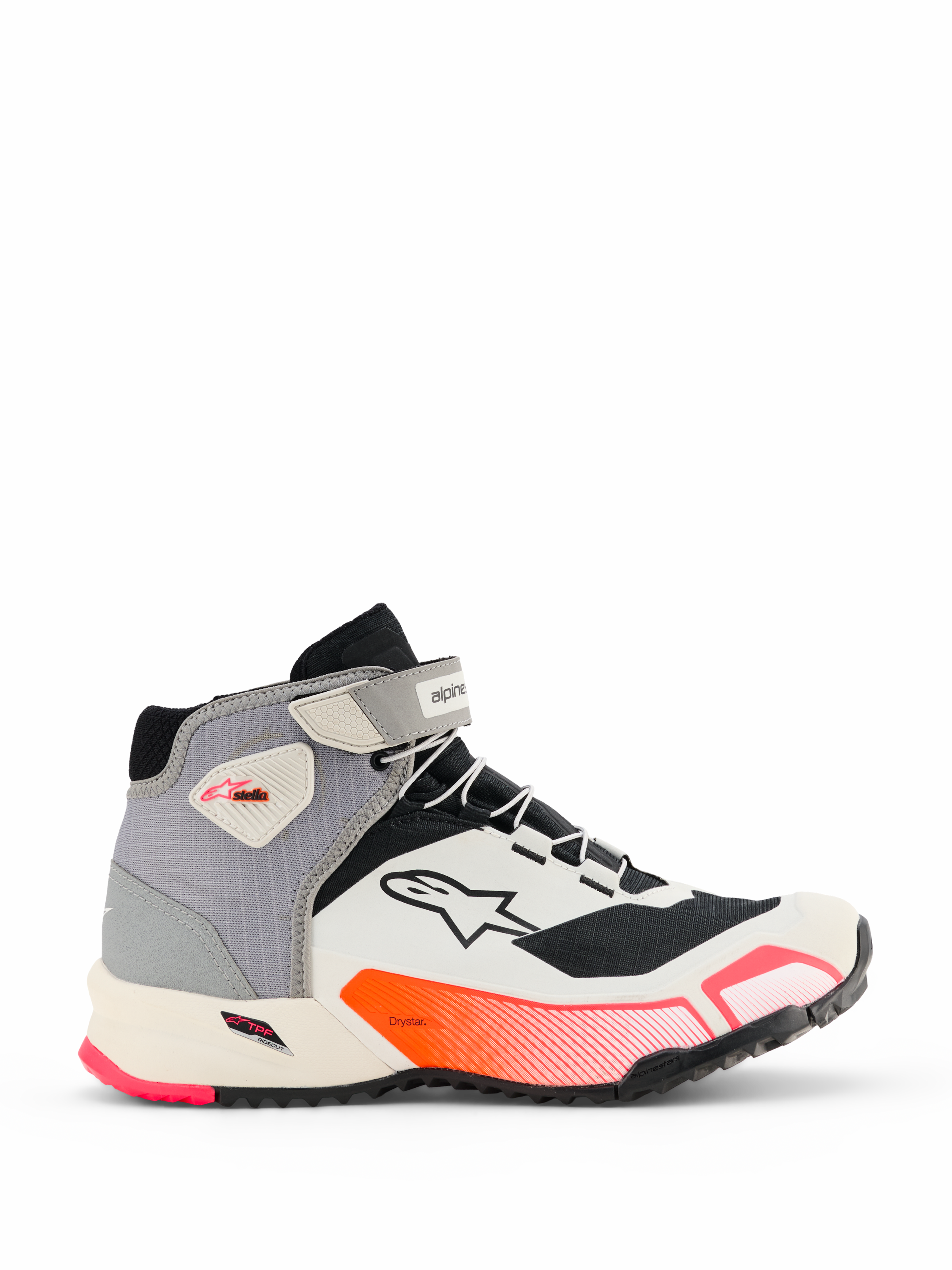 Sapatos de Motociclismo Alpinestars CR-X Women's Drystar, sapatilhas de cano médio em branco, cinzento médio, preto e rosa Diva, vista lateral com tira no tornozelo, sola texturizada e design atlético para deslocações urbanas.