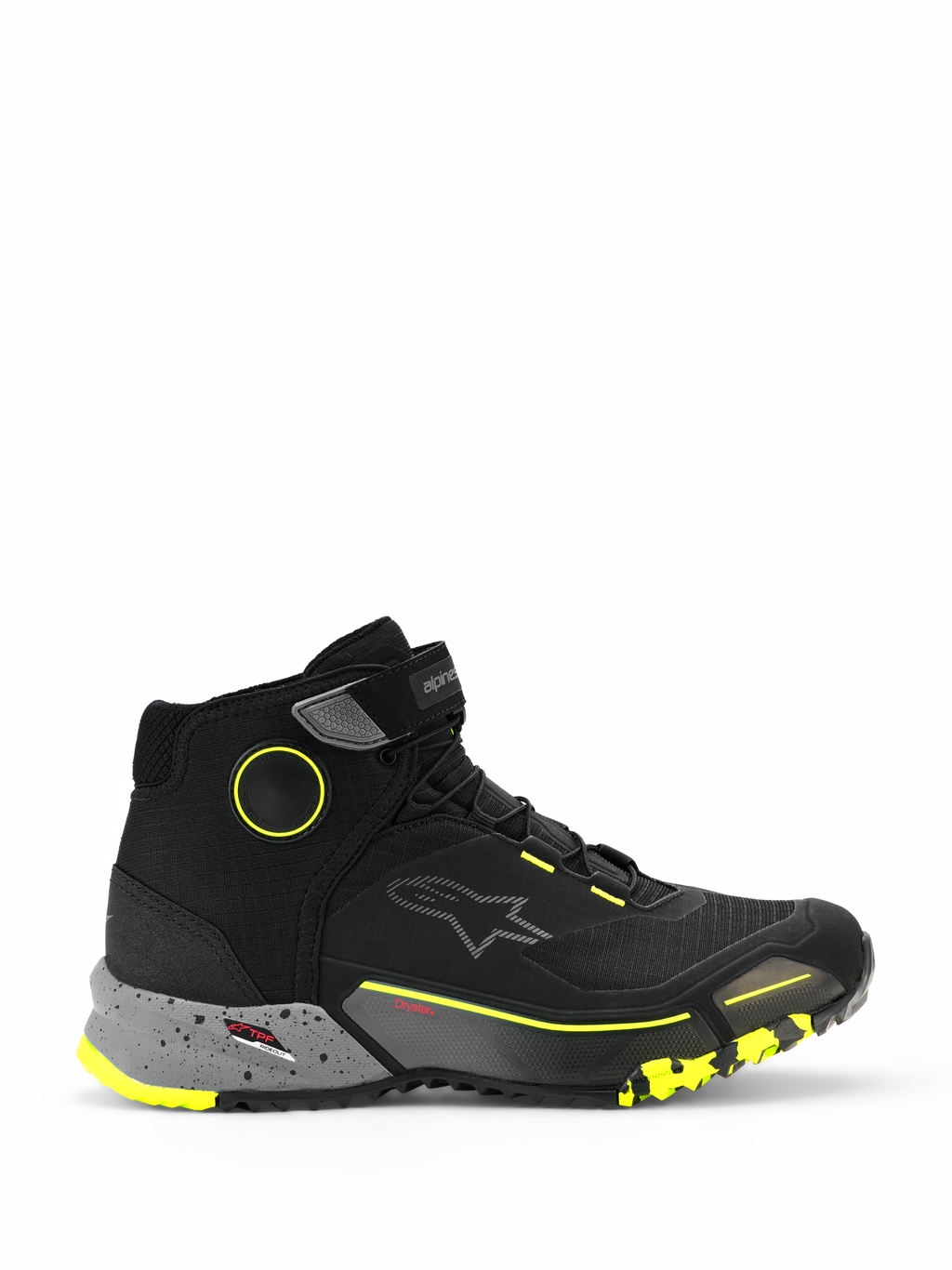 Alpinestars CR-X Drystar Riding Shoes, high-top motorcycle urban sneakers, black with dark gray speckled midsole and yellow fluo accents, waterproof Drystar membrane, rugged textured sole, protective casual riding footwear